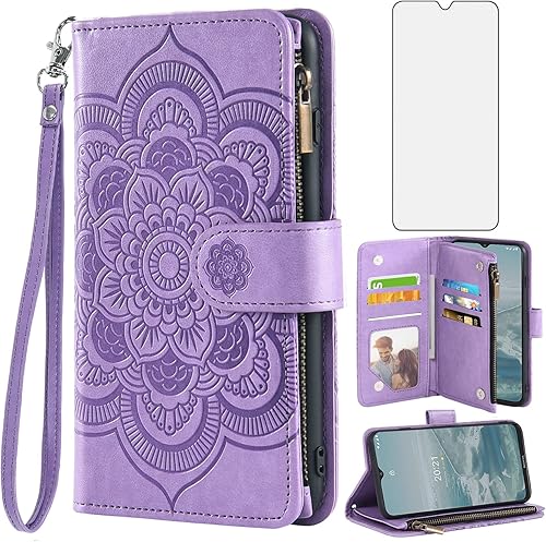 Asuwish Funda de teléfono para Nokia G300 5G N1374DL - Funda tipo cartera con protector de pantalla de vidrio templado y tarjetero de cuero con