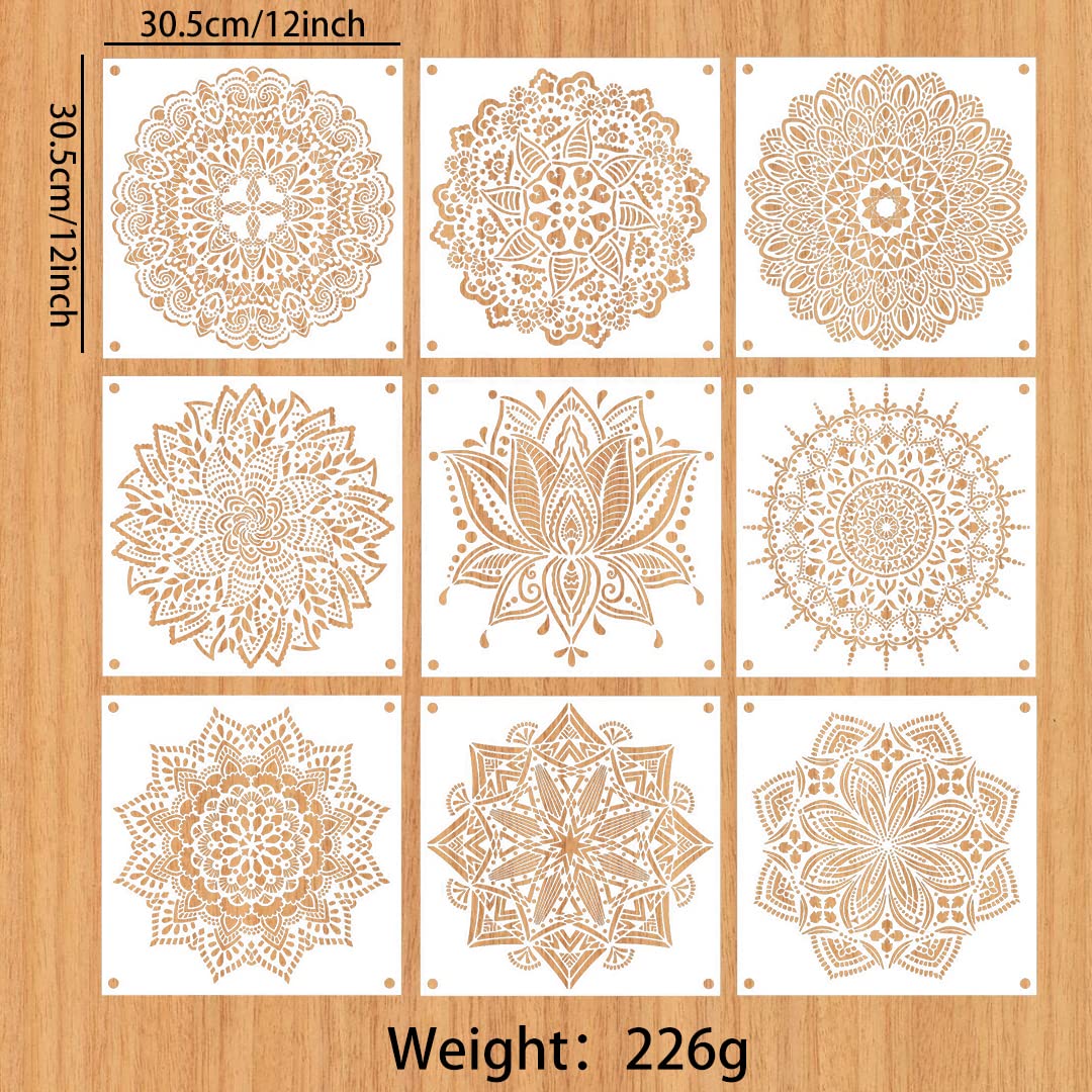 9 Pièces Grandes Mandala Pochoir Réutilisable Pochoirs de Peinture, Plastique Mandala Stencils Pochoir pour Planchers, Fenêtres, Meubles, Wall, Scrapbooking Décoration 30x30CM (Blanc)