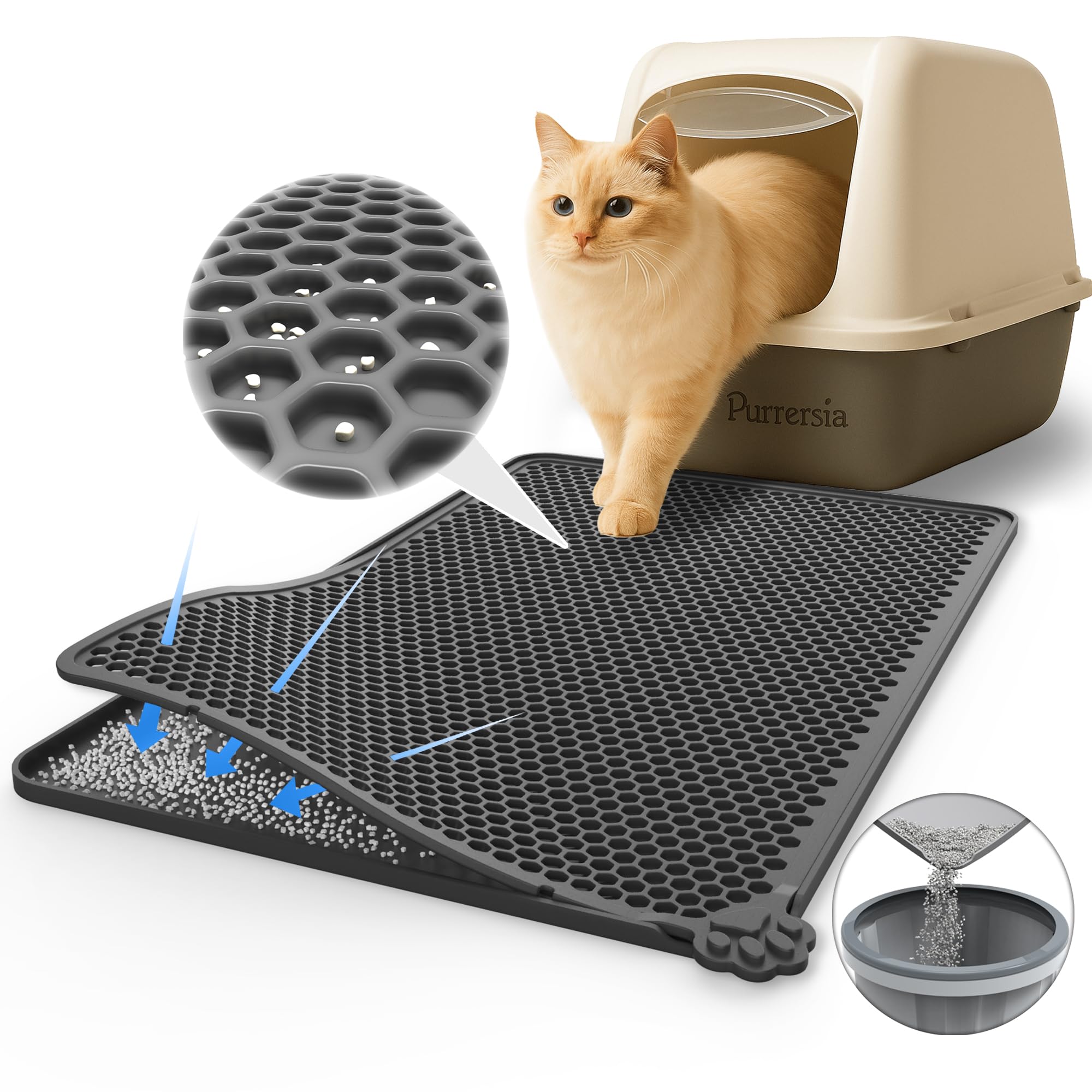 Purrersia Silicone Cat Litter Mat 24"x15" (Keep Floor Clean)(Easy Clean)(Anti-Crease)(Built to Last)(Non-Slip)(Double Layer Detachable)(Soft on Paws)(