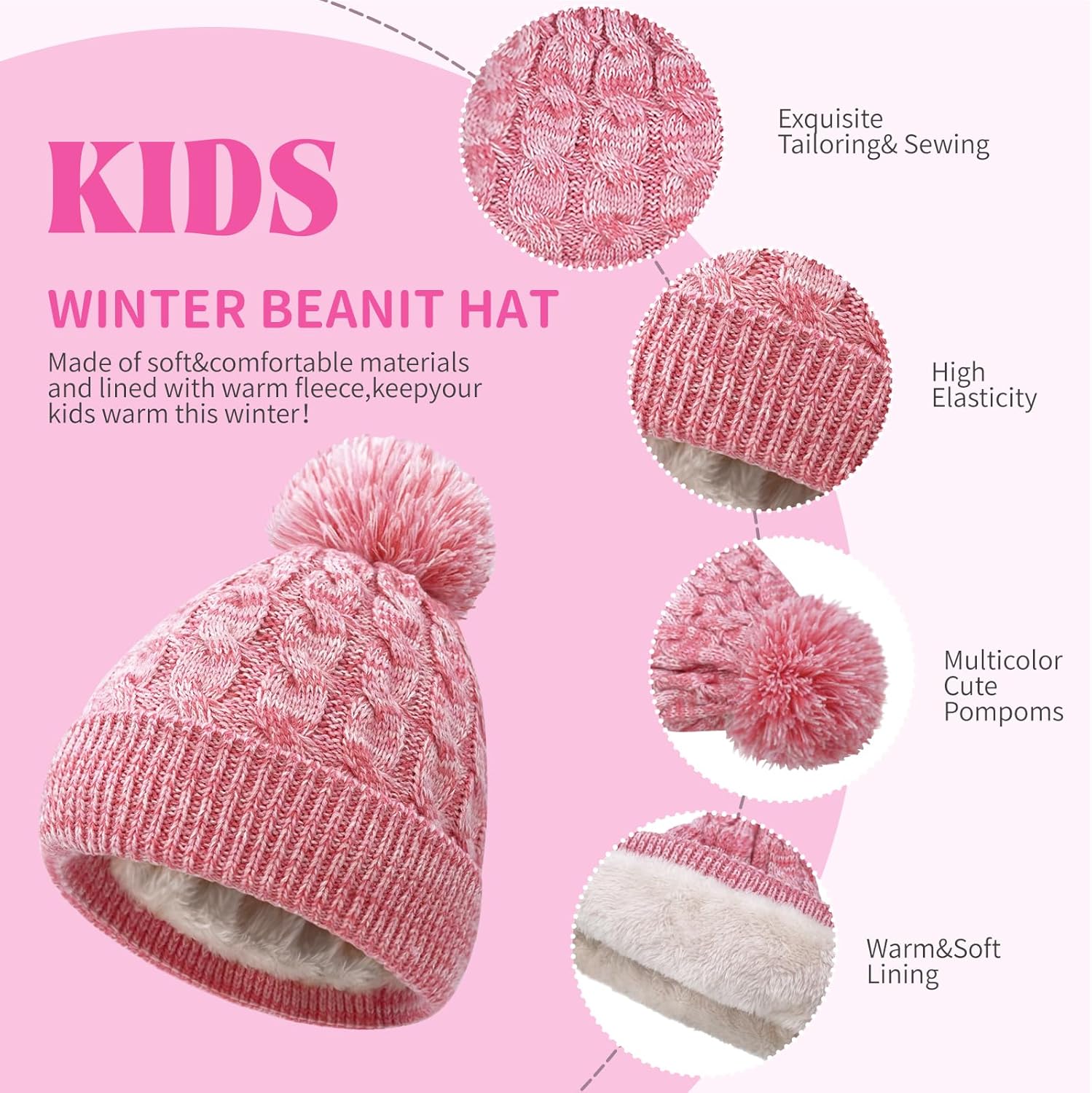 Kids Winter Hat Warm Fleece Beanie with Pom Pom Thick Knit Cap Gifts for Girls Boys 3-8 Years - Image 3