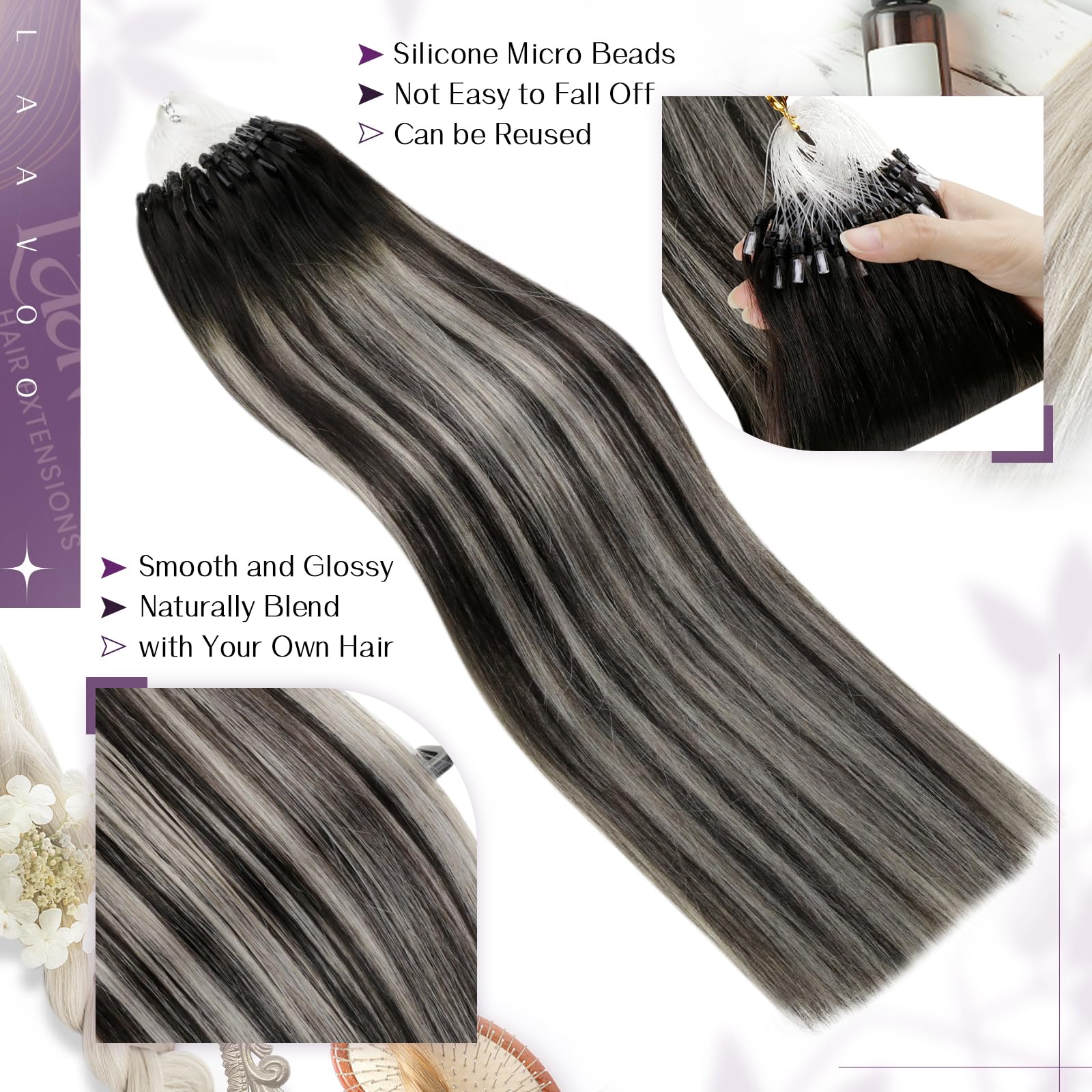 LaaVoo Micro Ring Hair Extensions Real Human Hair Black Remy Straight Balayage Natural Black & Silver Invisible Micro Beads Hair Extensions 50g 50s 18 Inch #1b/s/1b - Image 2