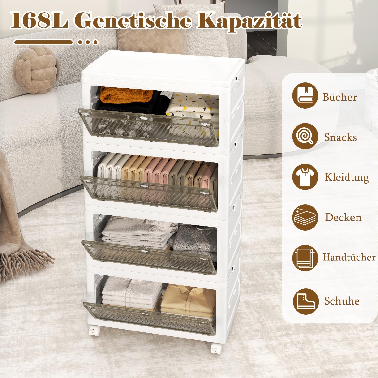 COSTWAY 168 L Aufbewahrungsbox mit Deckel, 4er Set Stapelboxen faltbar, Aufbewahrungsbehälter mit Zweiweg-Türen & Rollen, Boxen Aufbewahrung Kunststoffbox, Weiß (168 L)