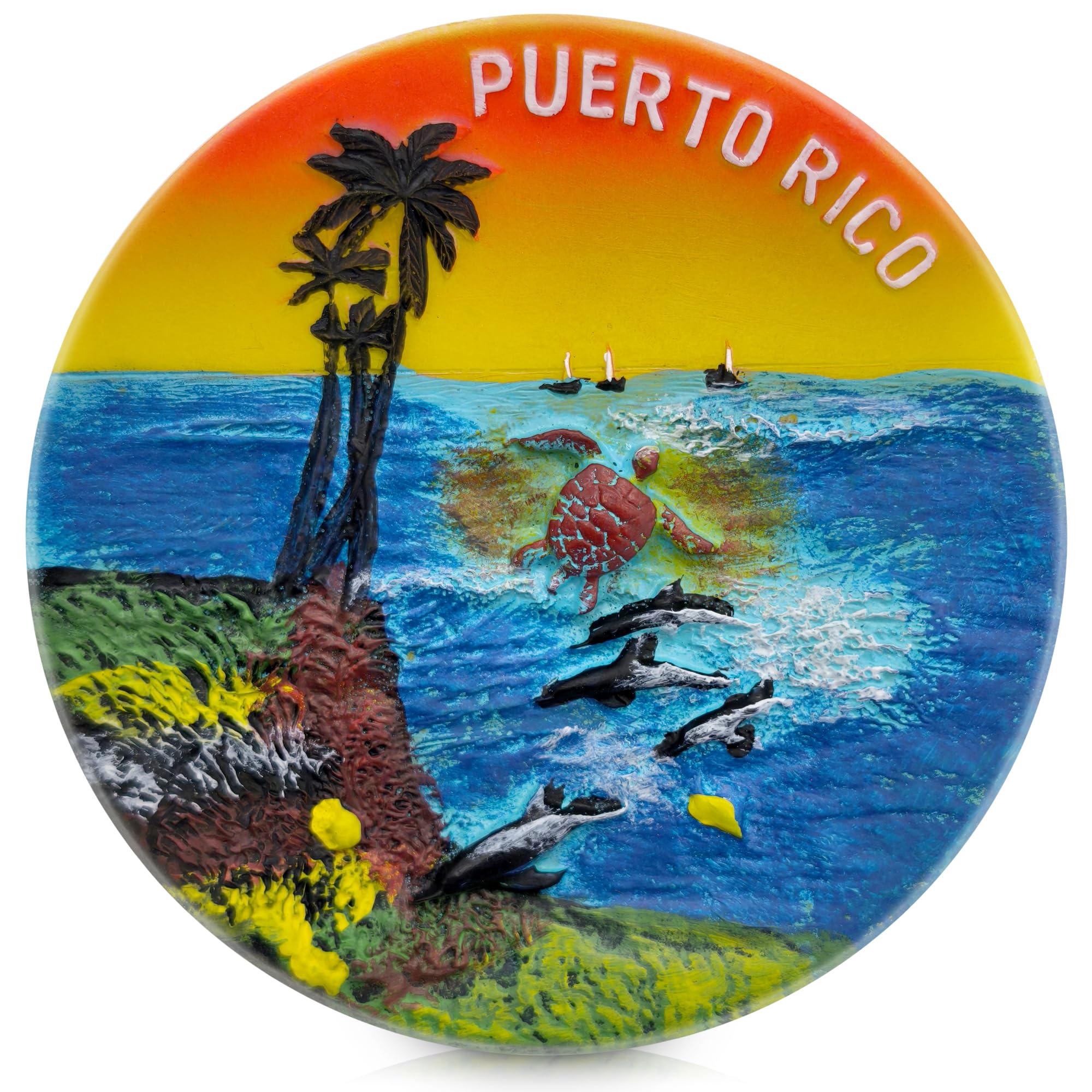 Puerto Rico 3D Scenic Refrigerator Magnet – Colorful Tropical Souvenir with Palm Trees, Sea Turtles & Dolphins – Travel Gift & Collectible Decor (8cmx0.7cm)