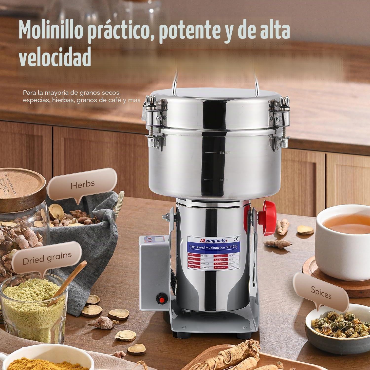 Moongiantgo 2500g Molino de Cereales Eléctrico con pantalla LED, Acero inoxidable & Motor Comercial 3600W 36000RPM, Molienda Ultrafina de Alta Velocidad 30S, para Cereales / Hierbas / Especias / Nuez
