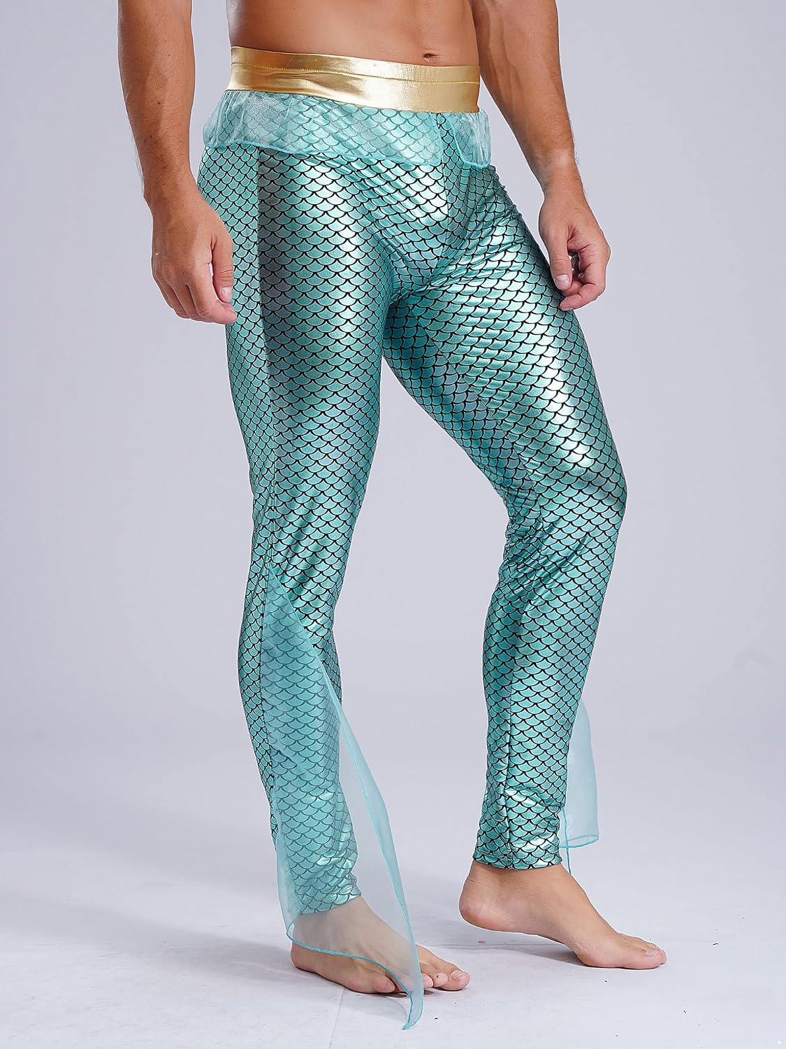 JanJean Men's Mermaid King Triton Costume Sea God Dress-Up Metallic Shiny Fishscales Print Trousers