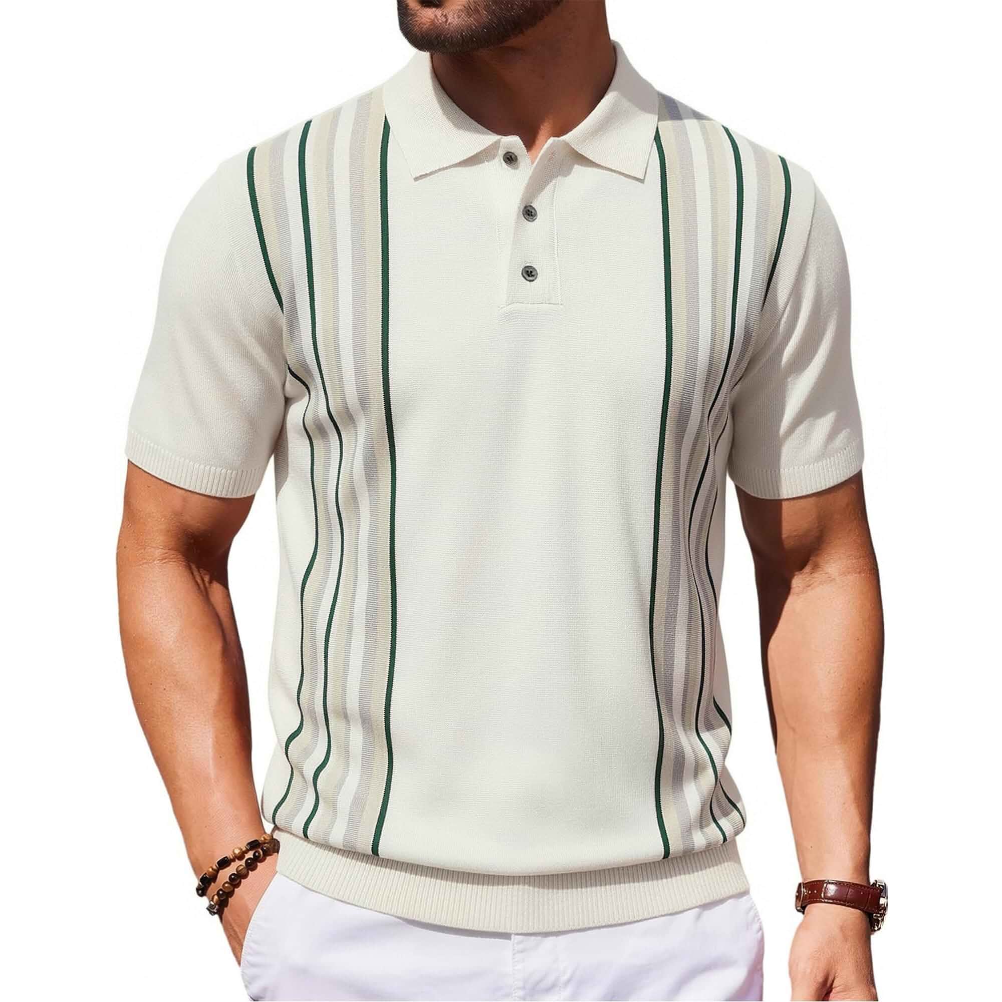 Esabel.C Mens Knit Polo Shirts Short Sleeve Vintage Striped Shirt Old Money Style&Contrast Collar,Regular Fit&Machine Washable, Ideal for Daily Casual, Vacation&Party