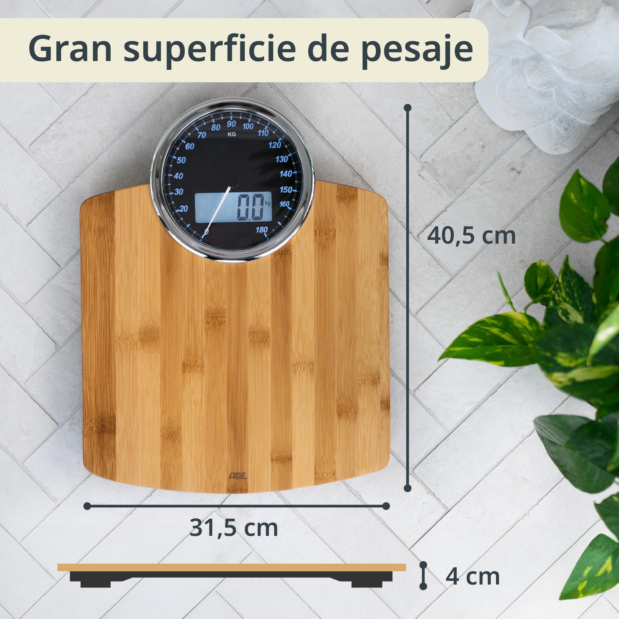ADE Báscula corporal digital con pantalla analógica | gran pantalla | resultados muy precisos hasta 180 kg | superficie de pesaje de auténtica madera de bambú