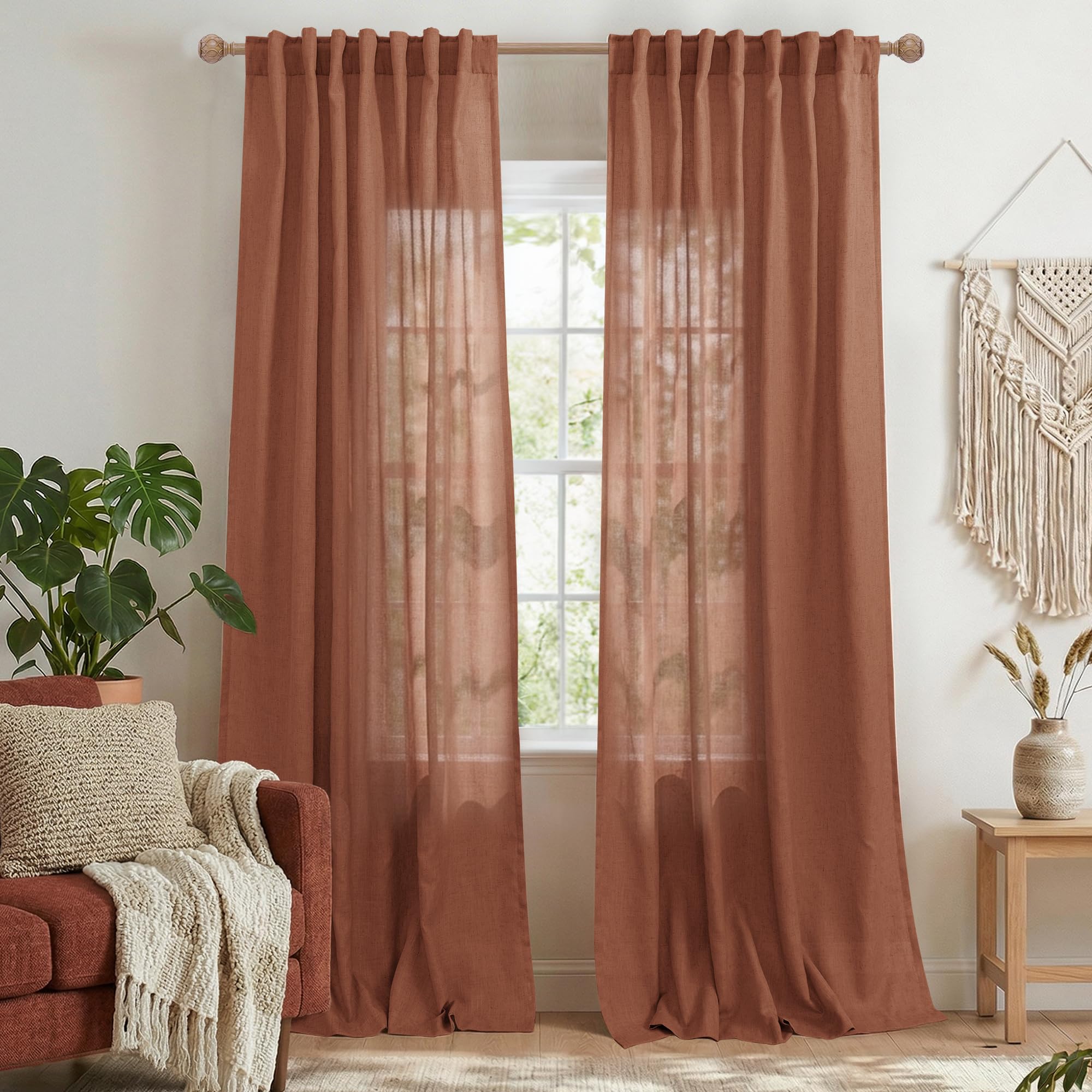 Boho Curtains 2 Panels for Living Room, Bohemian Western Decor Linen Drapes, Light Filtering Semi Sheer Gauze Curtain Window Drapery for Bedroom, 8 FT