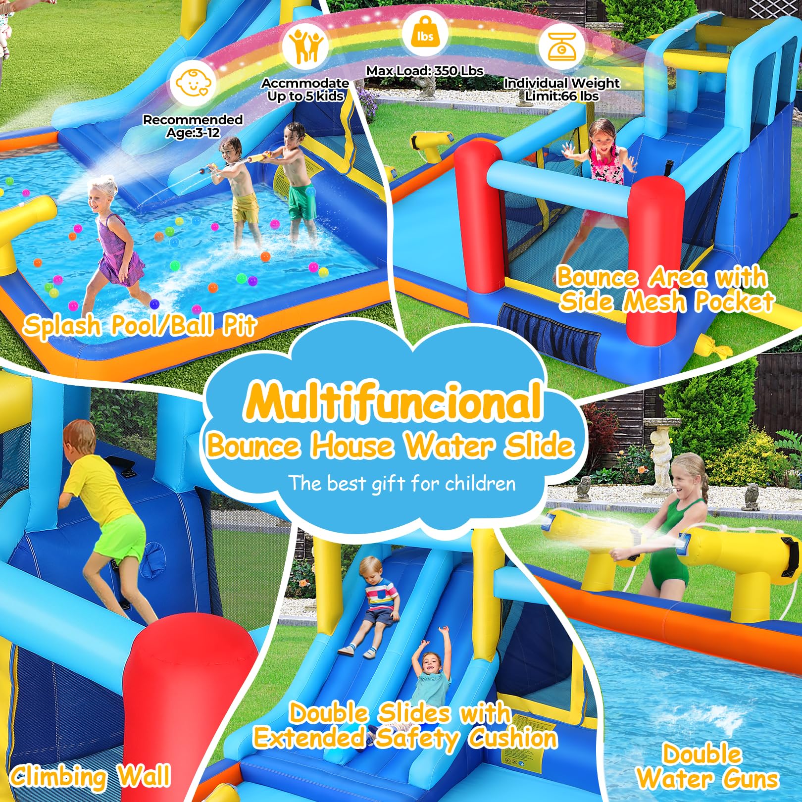 Bounce House with Double Water Slide for Kids Backyard w/Blower, 12x10x6.5 FT Jump and Slide Inflatable Water Park w/ 2 Slides, Jumping Area, Climbing Wall and 2 Water Cannons for Wet Or Dry Use
