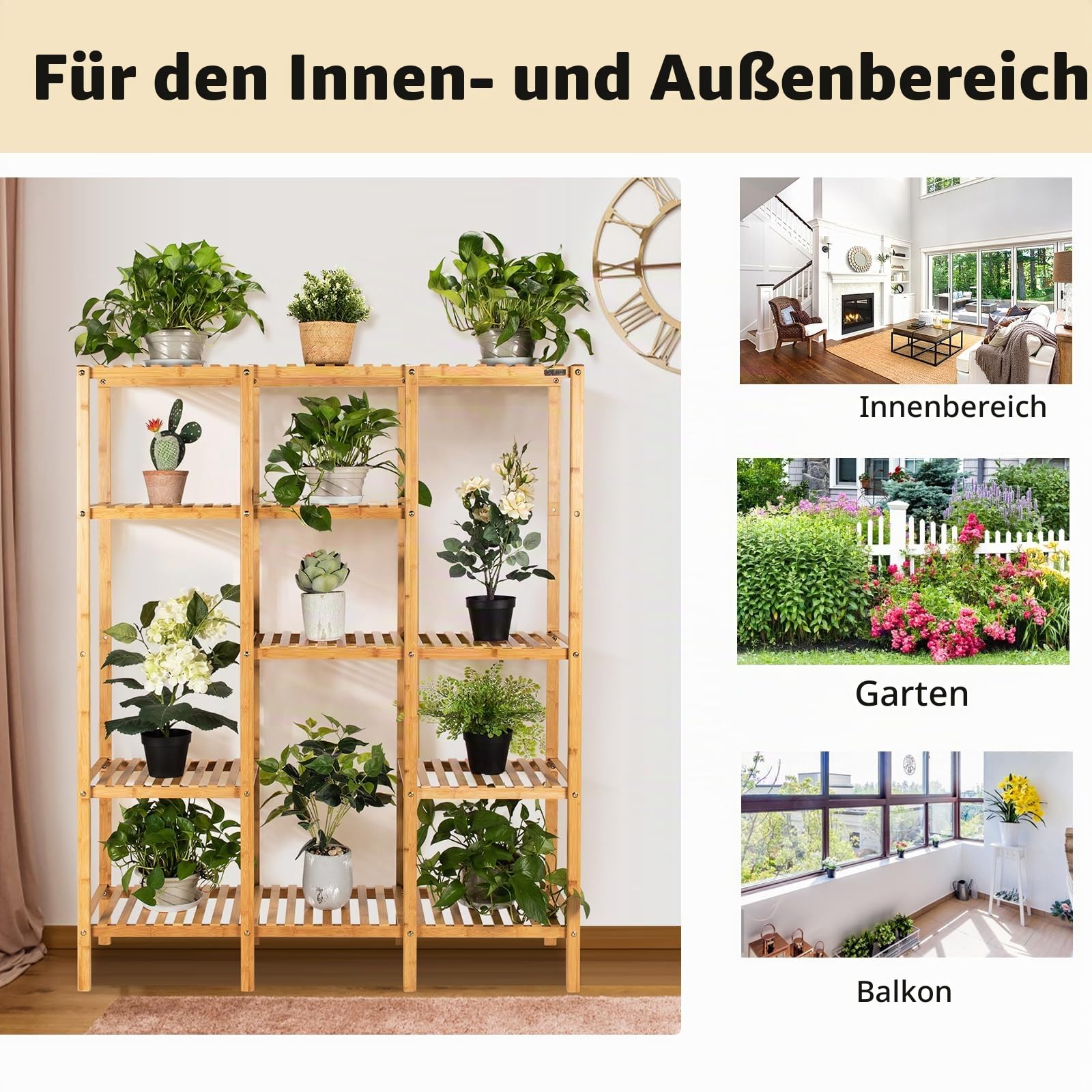 HOMASIS Blumenregal mit 5 Ebenen, Pflanzenregal aus Bambus, Pflanzenständer mit 12 Ablageflächen, Blumenständer Blumentreppe für Wohnzimmer, Balkon, Garten, Terrasse, 114 x 31,5 x 141 cm , Natur
