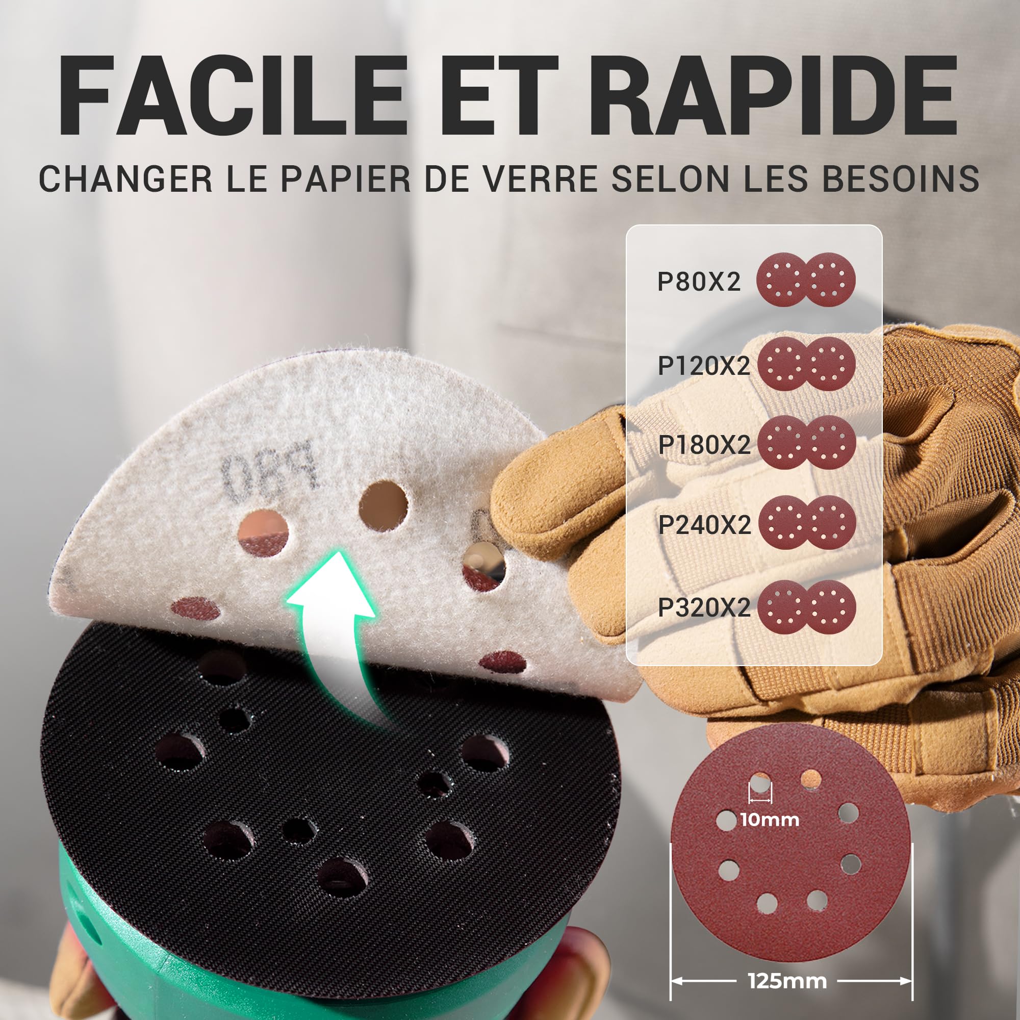 DCA Ponceuse Excentrique 300W, 6 Vitesses 12000RPM Ponceuse Orbitale, avec 0.3L Collecteur de Poussière, 10Pcs 125MM Disque Abrasif pour Surfaces en Bois et Acier, Ponçage et Polissage du Bois, DIY