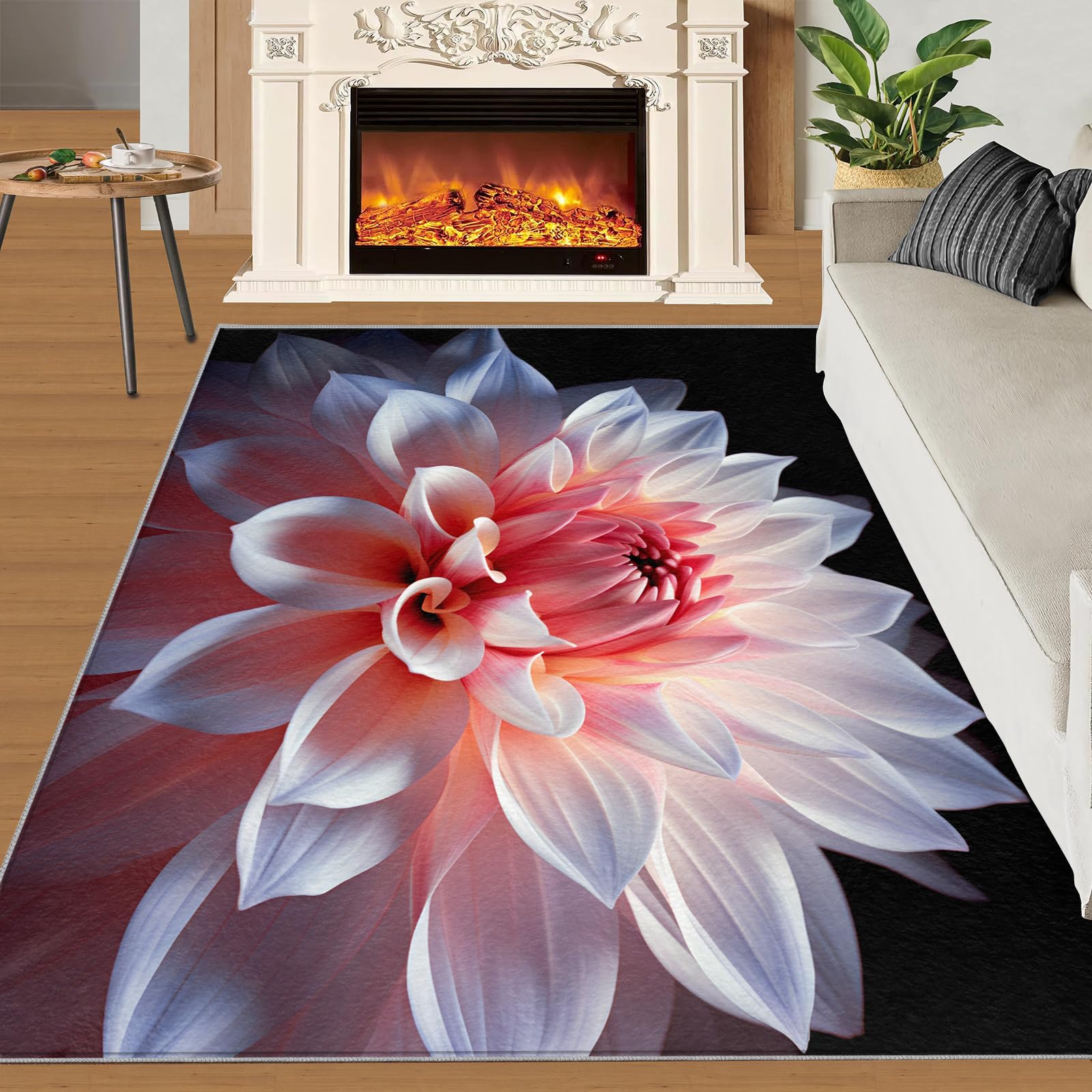 SANSJI Dahlia Rugs for Girls Bedroom 180x200 cm, Non-Slip Washable Blossom Flower Design Area Rug for Women, Soft Low-Pile Pastel Petals Carpet, Ivory White Style