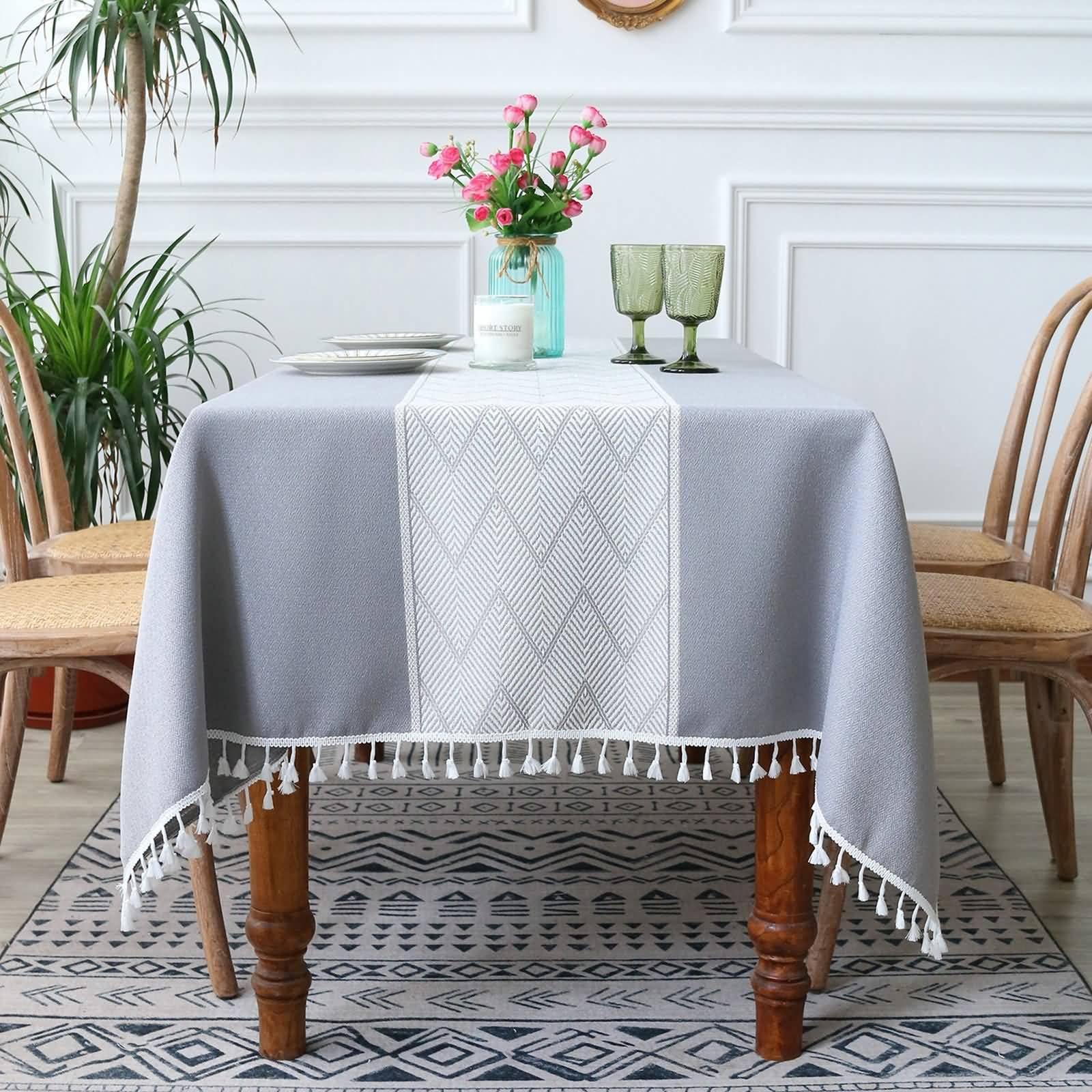 Mantel de mesa de comedor, 139 x 220 cm, poliéster, diseño de espiga, mantel para eventos, bodas, banquetes y fiestas, color azul y gris