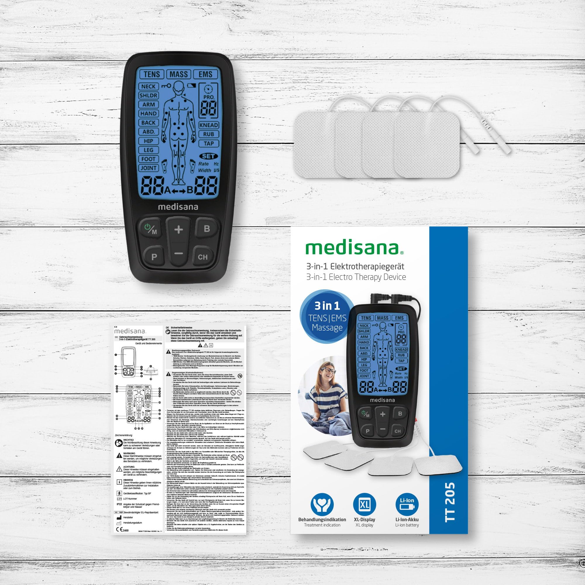 medisana TT 205 appareil TENS, appareil à courant de stimulation EMS avec 60 programmes appareil professionnel d'électrothérapie relaxation musculaire et soulagement avec 4 électrodes