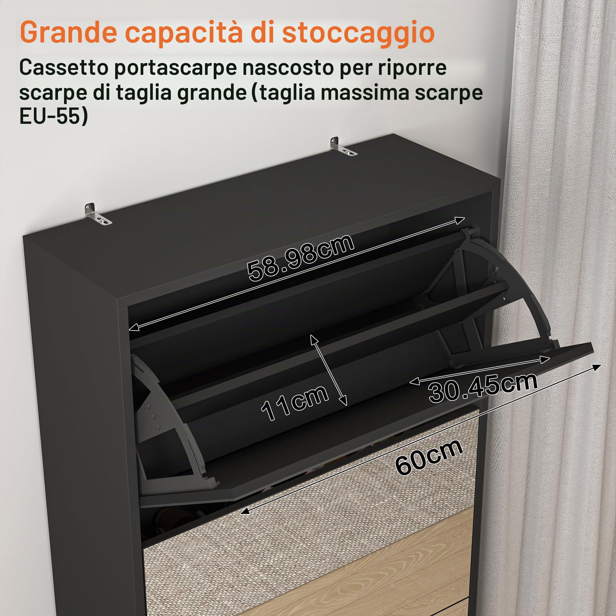 Scarpiera a specchio lungo 185 cm, 5 cassetti pieghevoli e spazio per 30 paia di scarpe, armadio per ingresso, camera da letto