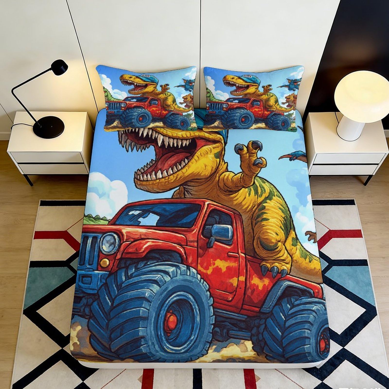 3D Printed Dinosaur Truck Fitted Sheet Microfiber Deep Pocket Non-Slip Bedding Dinosaur Mattress Fitted Cover for Adults Teens 200x200x25cm