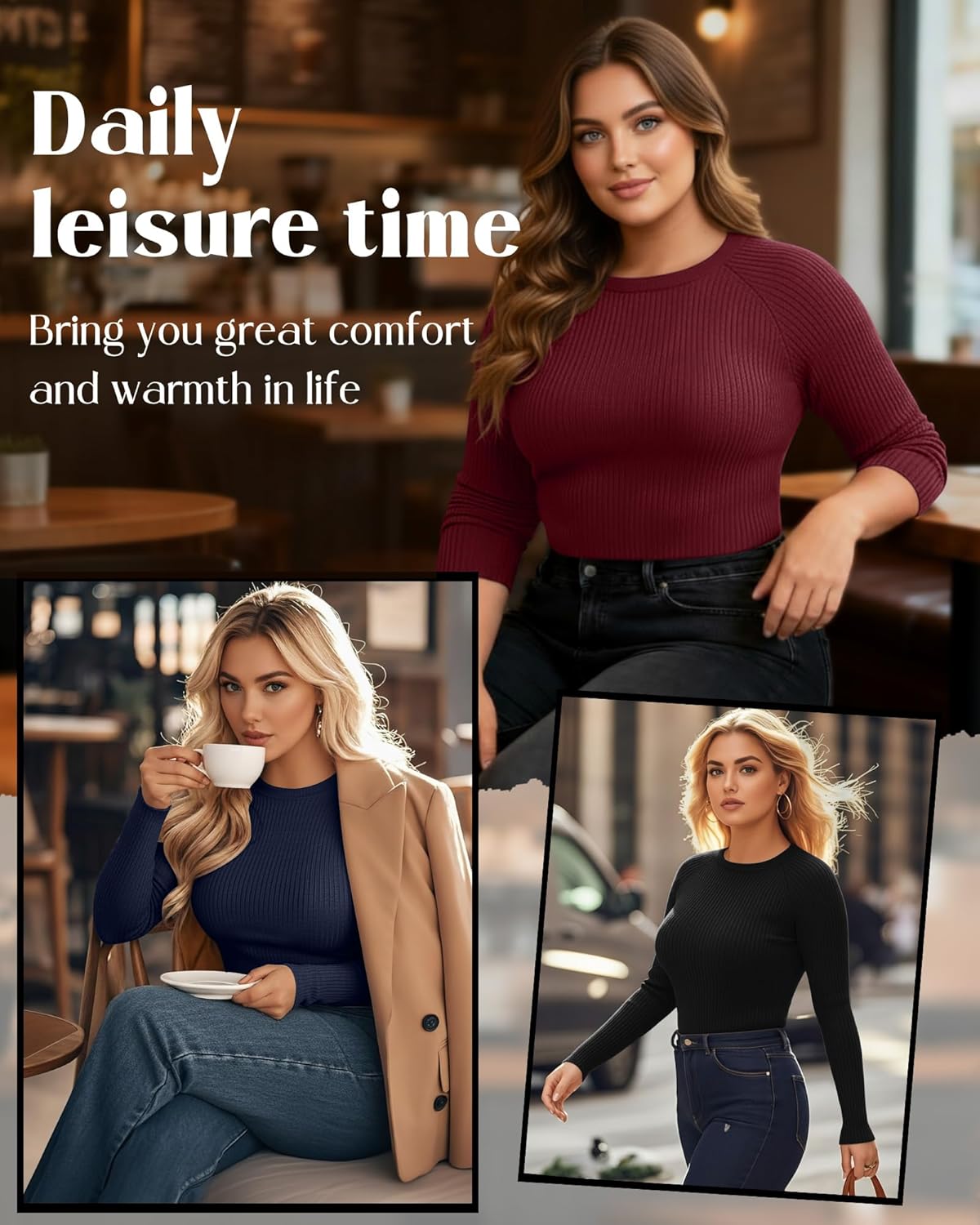 3 Pack Plus Size Thermal Shirts for Women Cotton Long Sleeve Ribbed Slim Fit Tops Crewneck Underwear Base Layer - Image 3