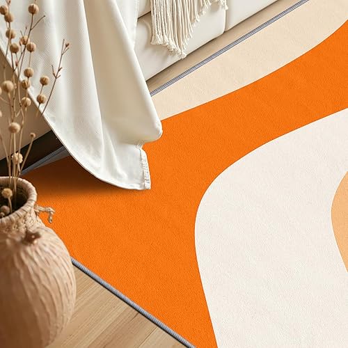 Miniatura 2 de Alfombras lavables para sala de estar, de 5 x 7 pulgadas, bohemio, minimalista, naranja, blanco, 70, alfombra abstracta retro, antideslizante y