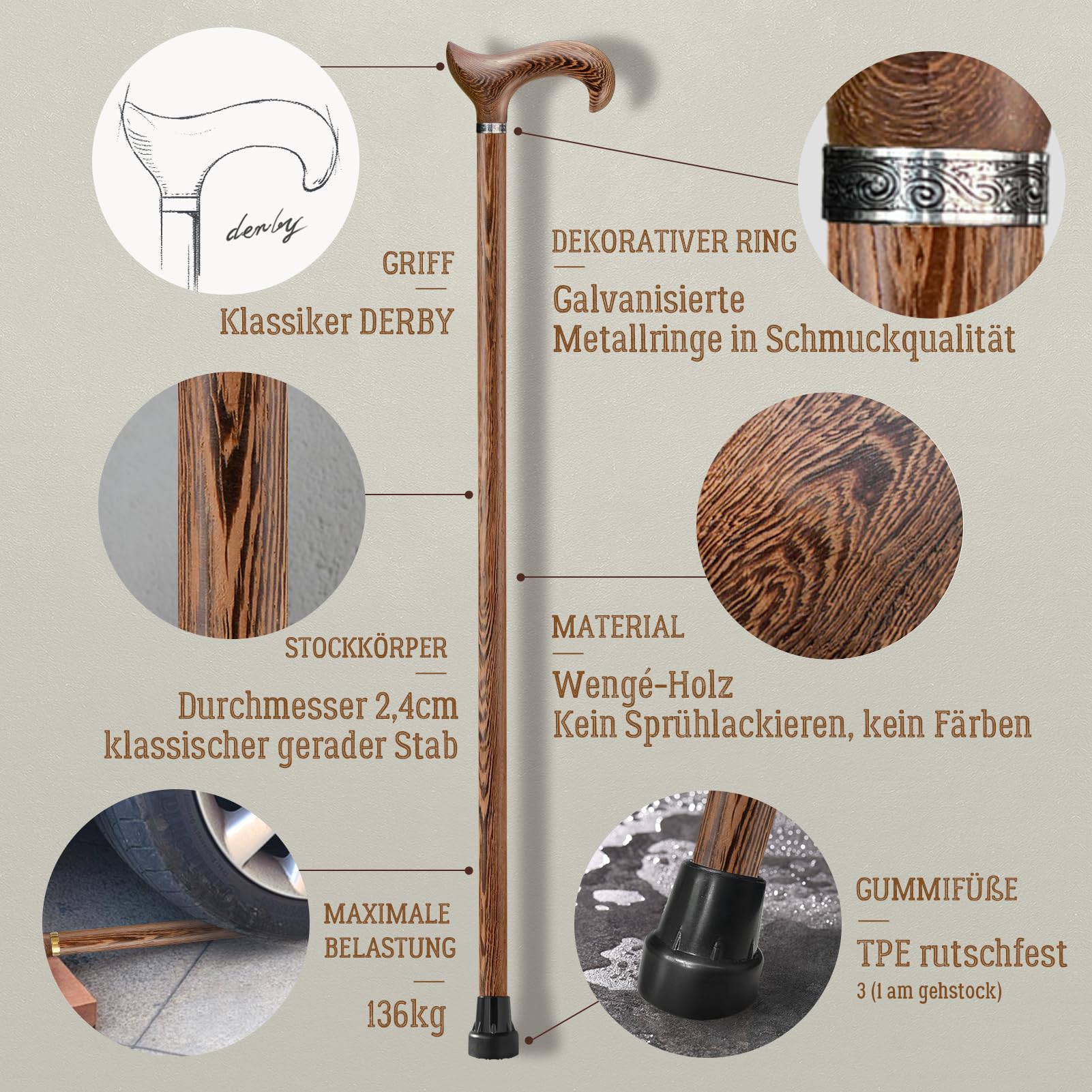 Laska drewniana Derby High-End z naturalnego litego drewna nośność 226 kg ergonomiczna