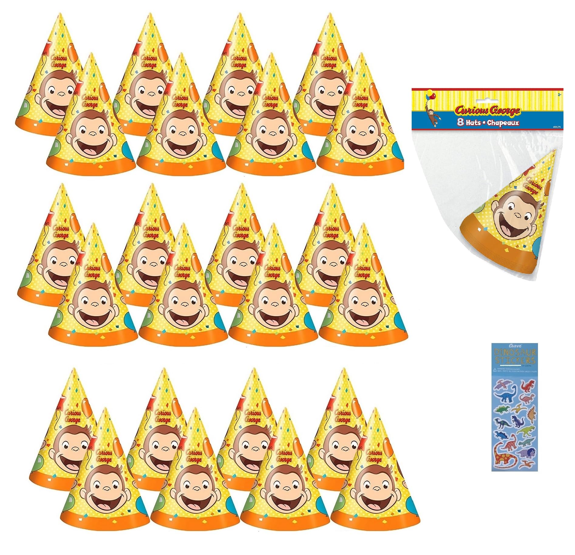 Unique Curious George Birthday Party Supplies Bundle Pack includes 24 Party Cone Hats and 1 Dinosaur Sticker Sheet
