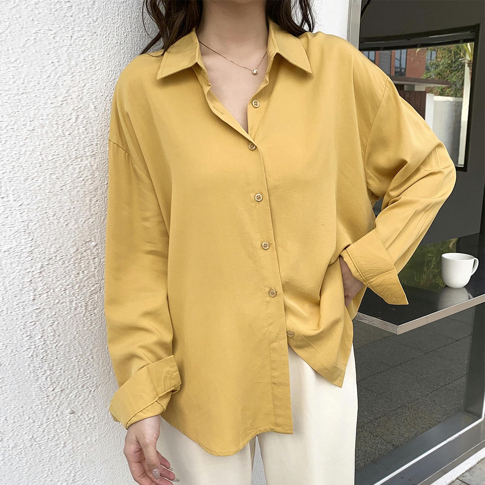 Camisa Blanca para Mujer, Camisa Holgada de Manga Larga con Capas, Color Naranja, Talla L