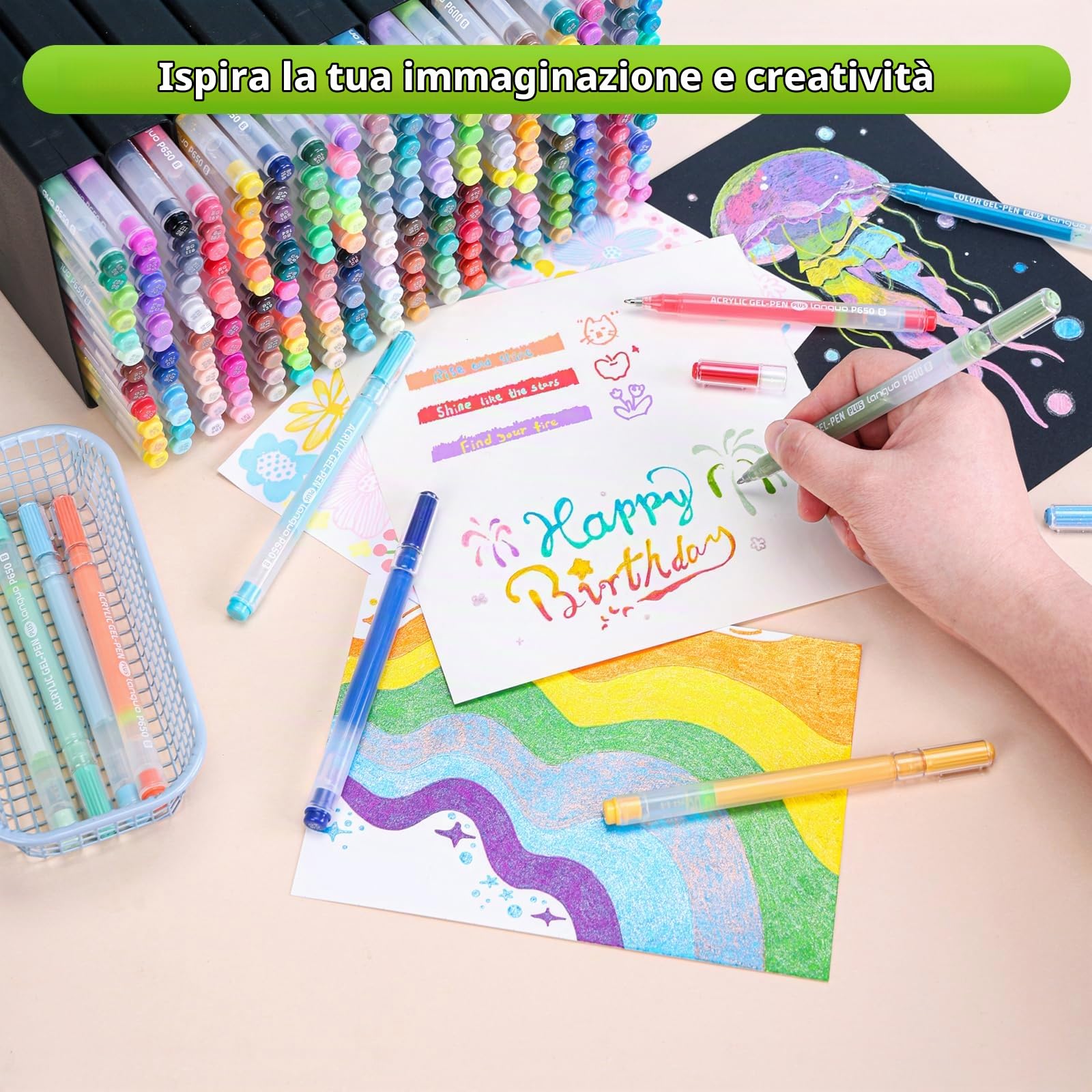 TrendGate Set di 216 penne gel acriliche, tratto 1 mm, 216 colori (144 matite acriliche + 72 matite glitteratiche), set di penne gel per pittura, scrittura e diario per tela, tessuto, carta