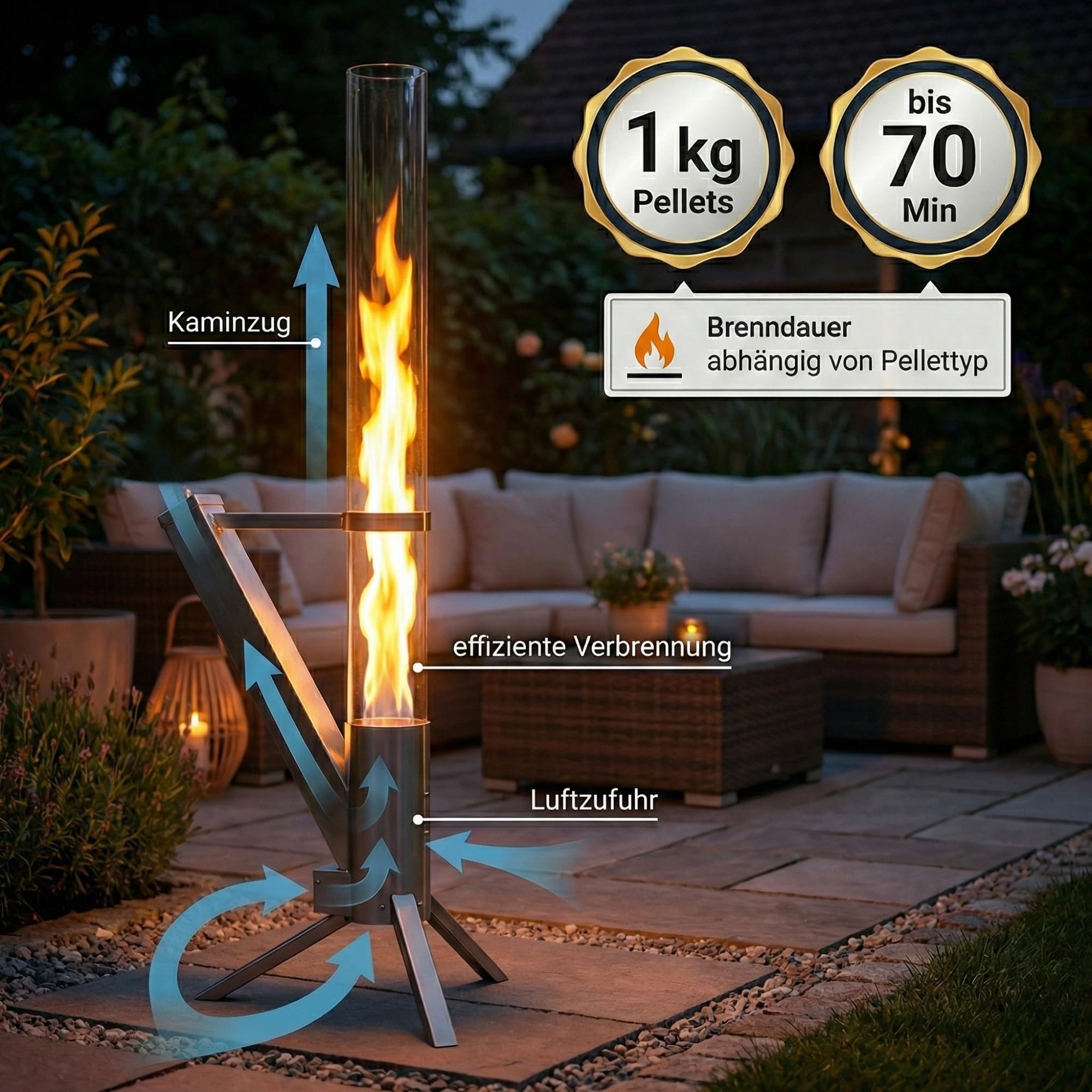 Albatros hochwertige Pelletfackel aus Edelstahl | Raketenofen für den Garten | mit Glas Feuerrohr | Terrassenheizung Terrassenofen | Outdoor Feuerstelle ohne Strom | bis 70 Min Brenndauer