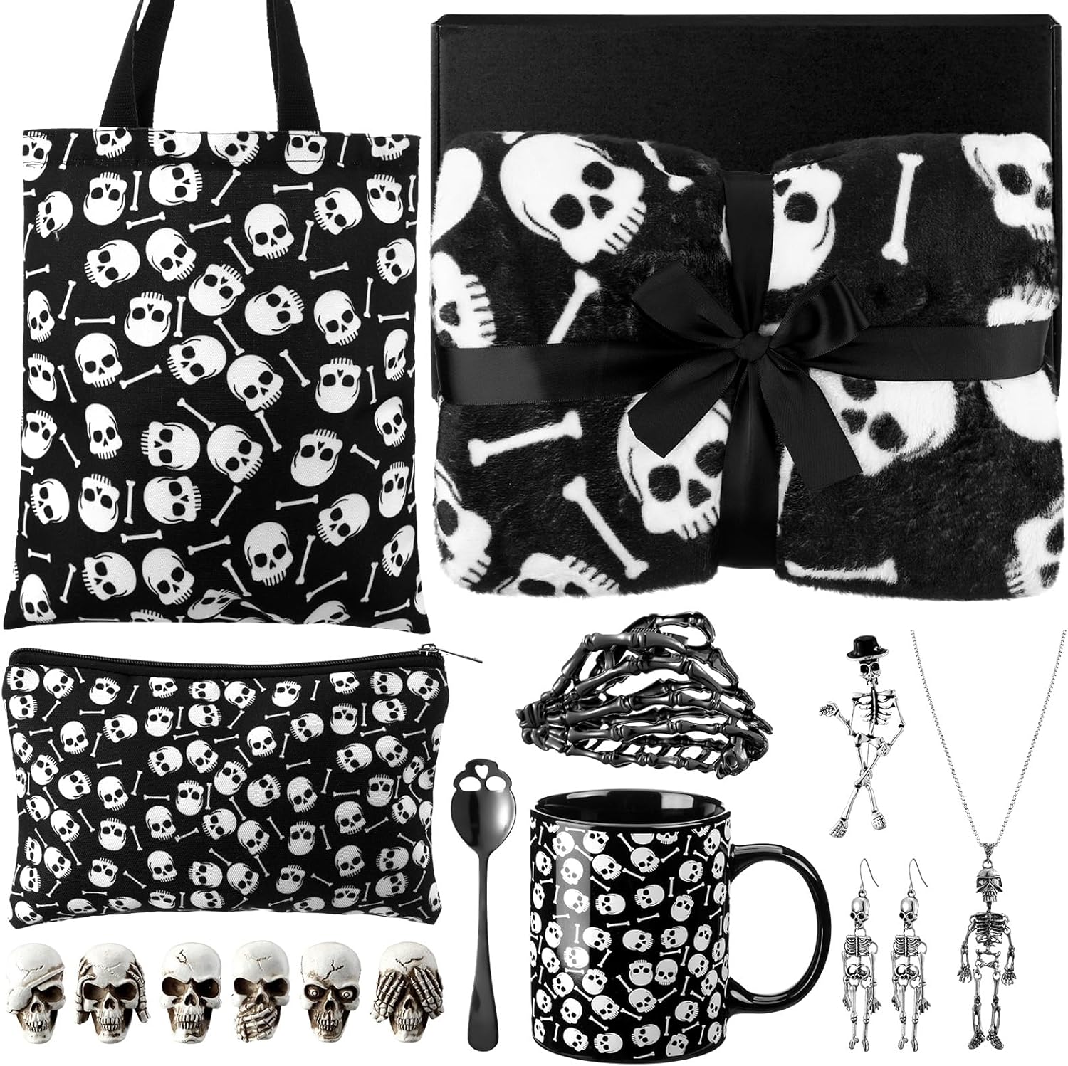 16 Pcs Gothic Gifts for Women, Witchy Gifts Goth Horror Themed Includes Skeleton Blanket, Spooky Bag, Gothic Coffee Mug, Skeleton Necklace, Makeup Bag for Women Friend Easter