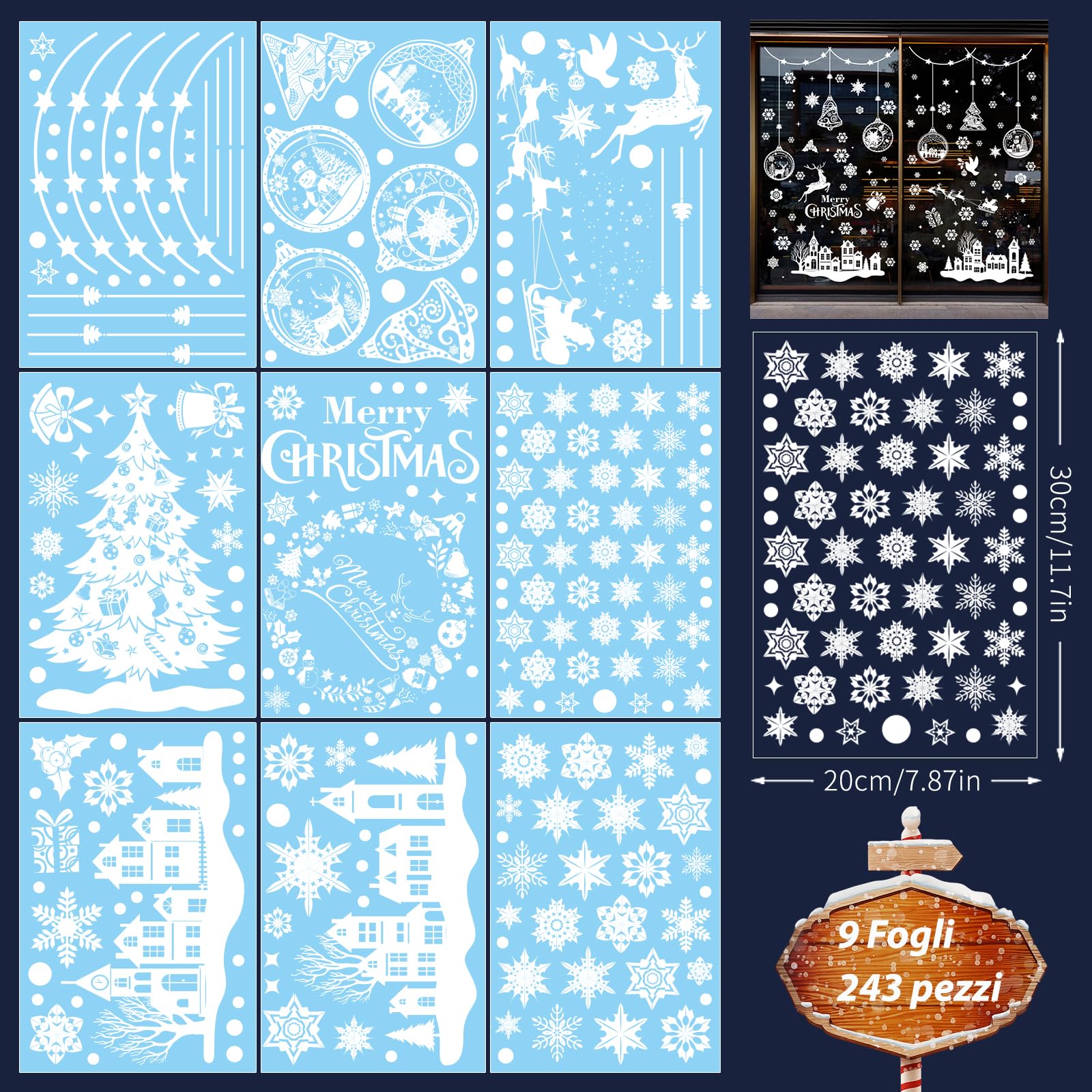 Niviy Adesivi Natalizi per Finestre 9 Fogli DIY Stickers Natale con Renne, Pupazzo di Neve, Casa, Albero di Natale e Fiocchi di Neve in PVC, per Vetrofanie Decorazioni,243Pezzi