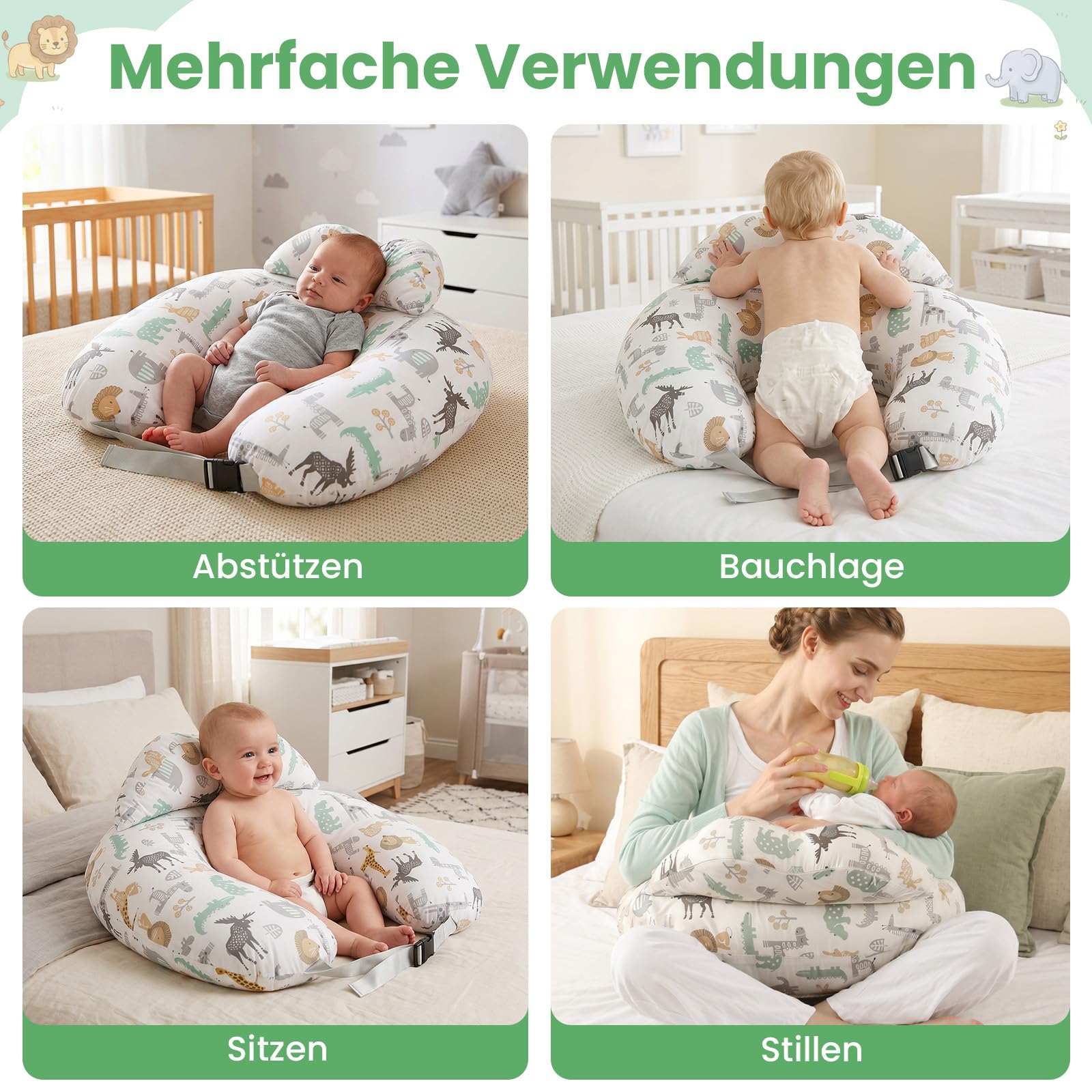 SHANNA Stillkissen XXL, Flaschenfütterung Still Kissen, Multifunktionales Nursing Breastfeeding Pillow mit Waschbarem Bezug aus 100% Baumwolle, Verstellbare Taillengurtunterstützung(Waldtiere)