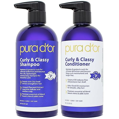PURA D'OR Curly & Classy - Juego de champú y acondicionador para rizos definidos, fórmula nutritiva con aceites de semillas de argán, ricino,
