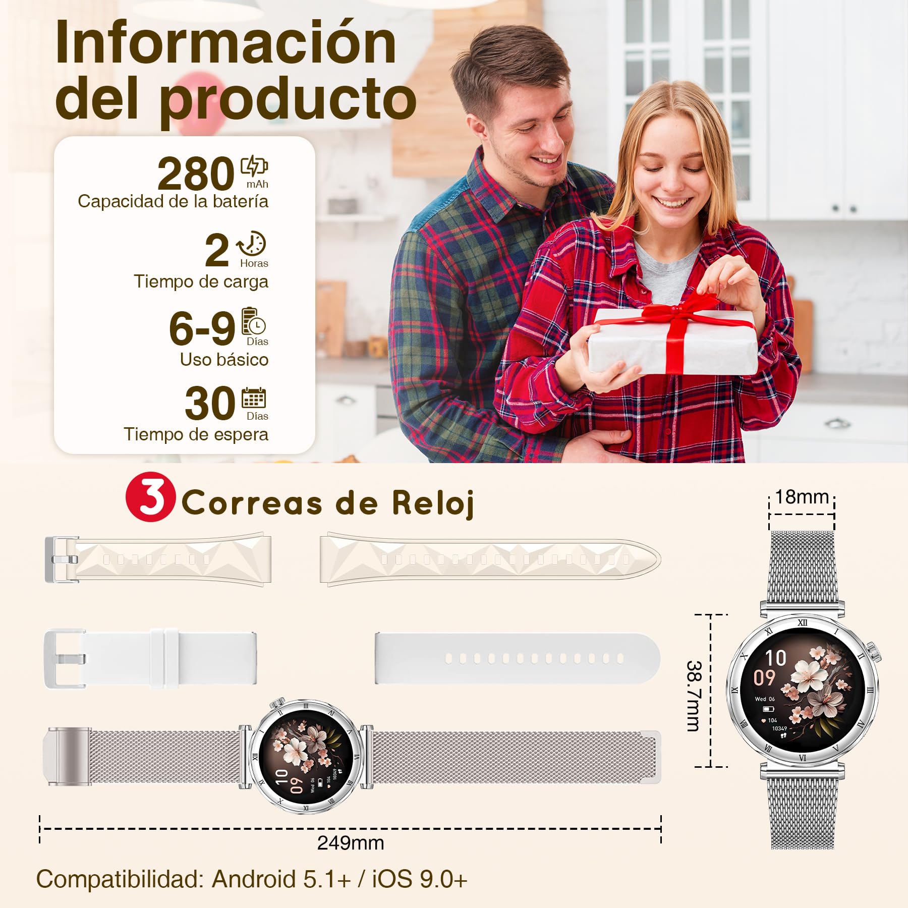 Reloj Inteligente Mujer Redondo(3 Correas) Smartwatch 1,19" AMOLED Responder/Hacer Smart Watch Compatible iPhone Android Monitorear Sueño/SpO2/FC, 120 Modos Deportivos IP68 Resistente Agua, Plateado