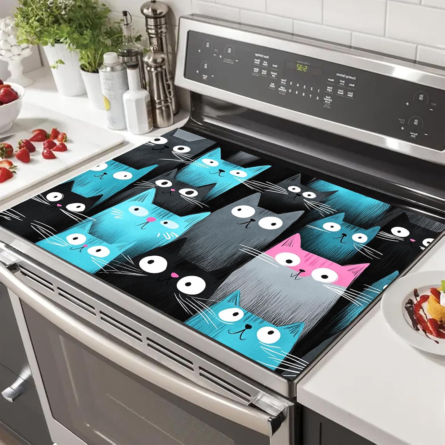 HOMETITUTE Stove Top Covers for Electric Stove 28x20 Inch Countertop Protector Heat Resistant Glass Cooktop Covers RV Range Top Pads Dish Drying Mat Colorful Cat Design