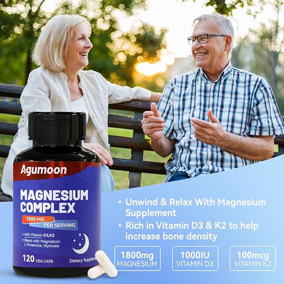 Magnesium Supplement with Vitamin D3 K2- Chelated Magnesium Complex 1800mg - Magnesium L-Threonine & Glycinate -120 Capsules