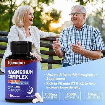 Magnesium Supplement with Vitamin D3 K2- Chelated Magnesium Complex 1800mg - Magnesium L-Threonine & Glycinate -120 Capsules