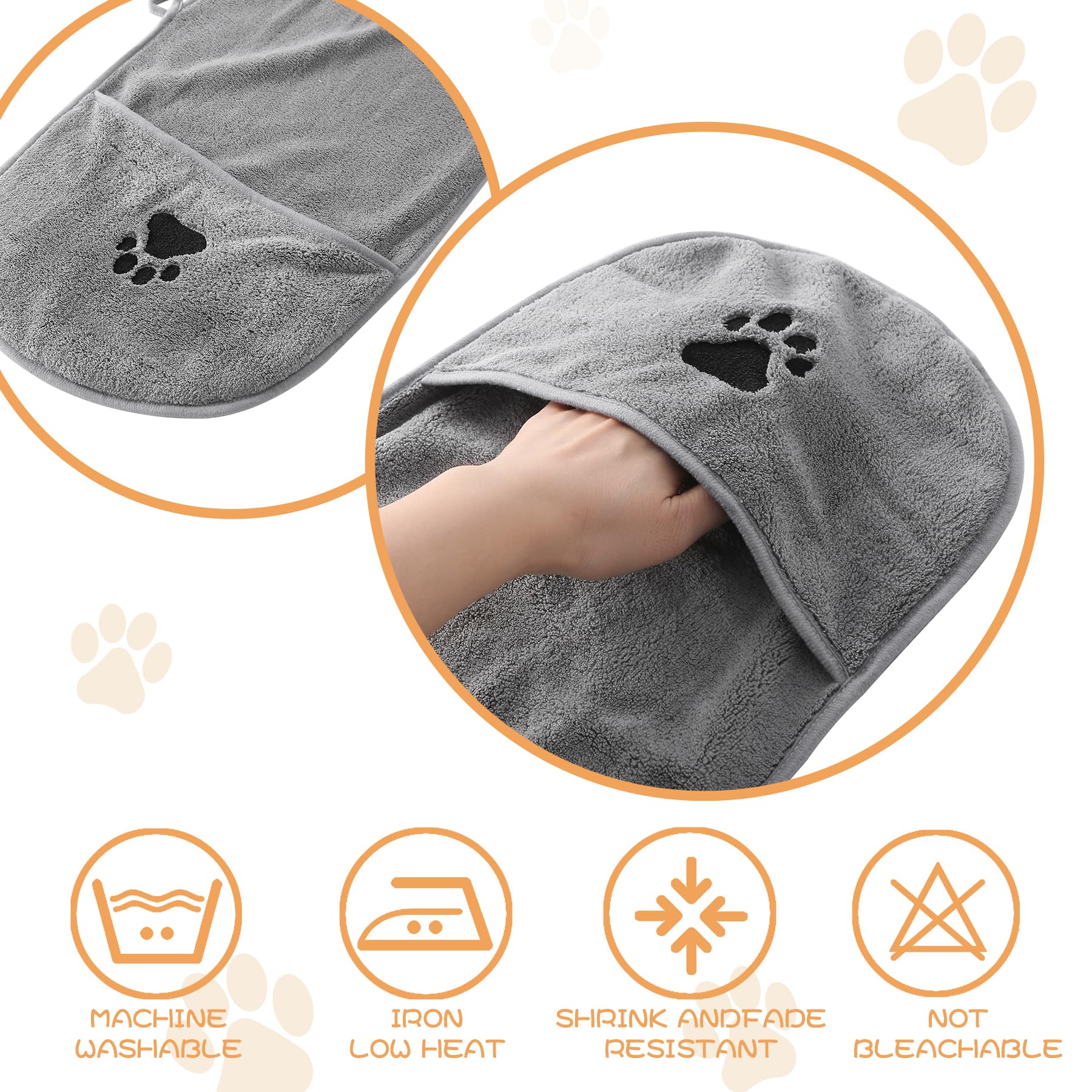 Toalla de microfibra para perro, súper absorbente, paquete de 2 toallas de baño de 27 x 11 pulgadas para todos los perros y gatos con estampado bordado de patas (gris, 22 x 11 pulgadas)