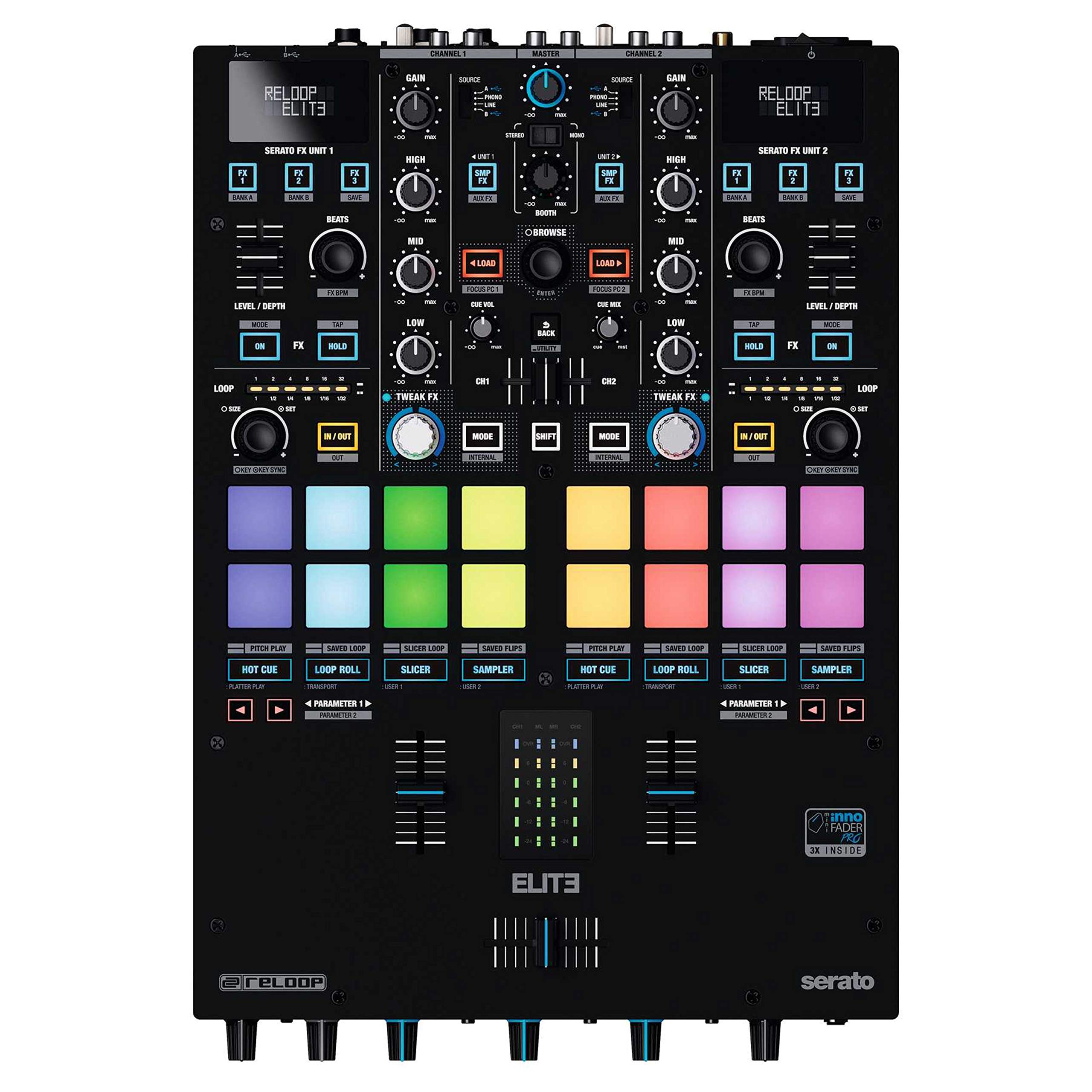 reloop ELITE - Mixer professionale per prestazioni DVS per Serato DJ Pro, Controllo fino a 12 modalità di prestazione per piattaforma, 16 Performance Pad RGB grandi e sensibili alla velocità, Nero
