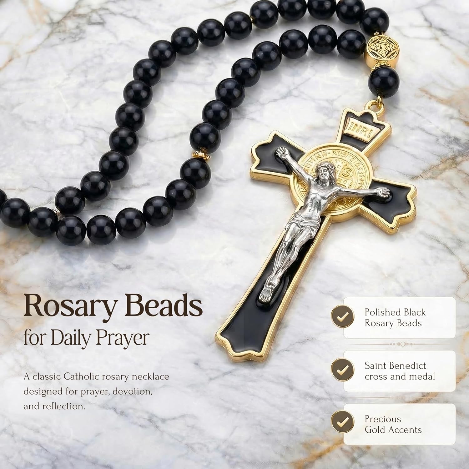 Catholic Car Rosary for Rearview Mirror, Black 40-Bead Rosary with Saint Benedict Cross, Cross for Car Mirror Hanging, Prayer Rosary for Car, Christian Gift for Catholics