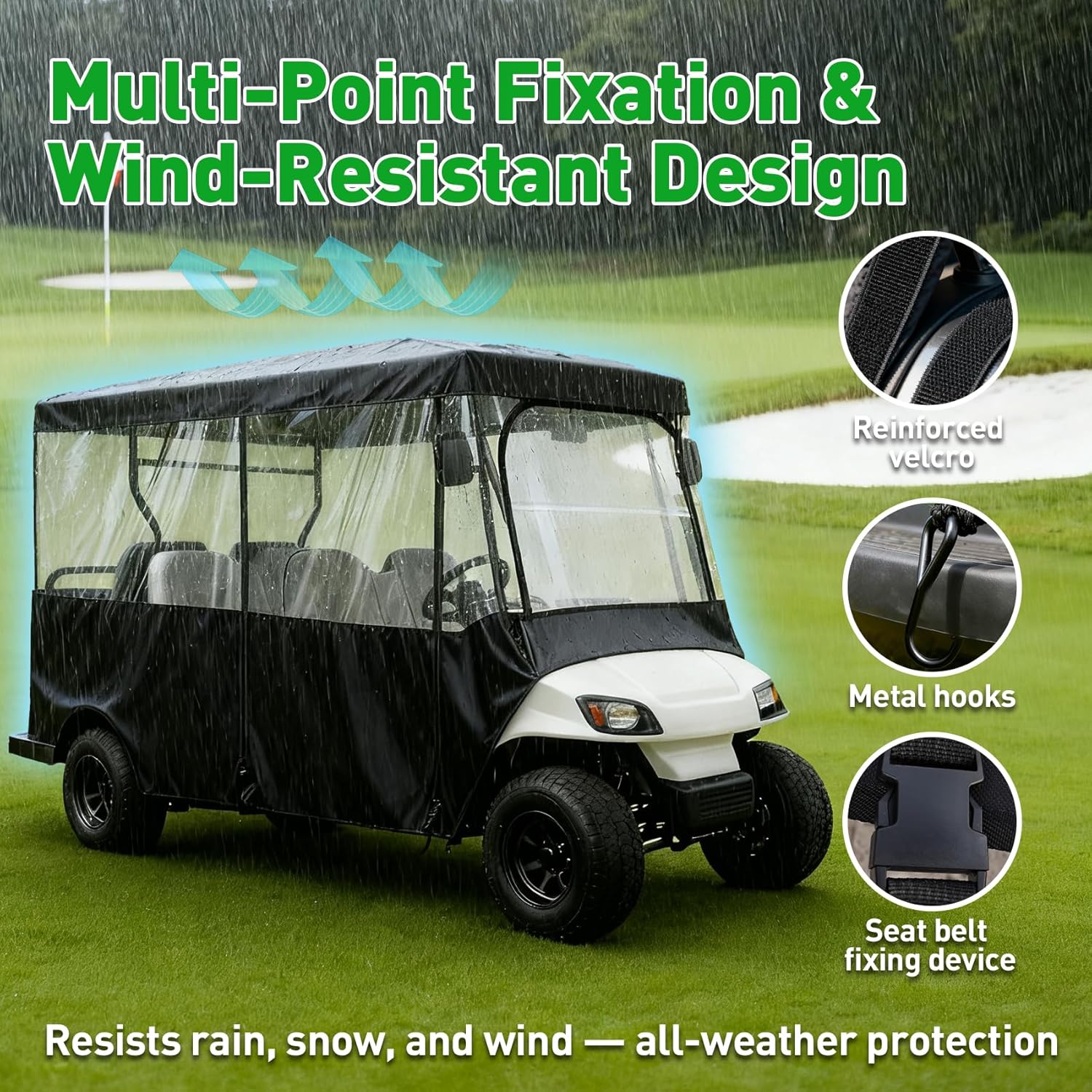 6 Passenger Golf Cart Enclosure for 119 Inch Roof, 600D Waterproof Golf Cart Cover with Clear PVC Windows, Roll Up Doors, Wind Resistant All Weather 6 Seater Enclosure