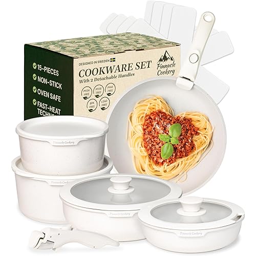 15-Piece White Granite Nonstick Cookware Set – Detachable Handles & Tempered Glass Lids – Stackable & Cool-Touch - Induction & Oven Safe to 480°F - Scratch-Resistant, PFOA & PFOS-Free