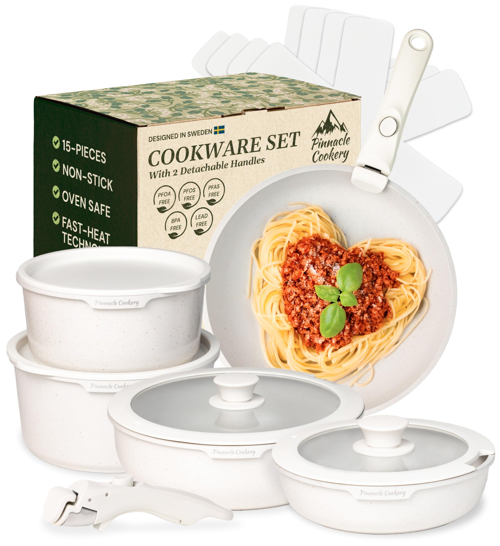 15-Piece White Granite Nonstick Cookware Set – Detachable Handles & Tempered Glass Lids – Stackable & Cool-Touch - Induction & Oven Safe to 480°F - Scratch-Resistant, PFOA & PFOS-Free