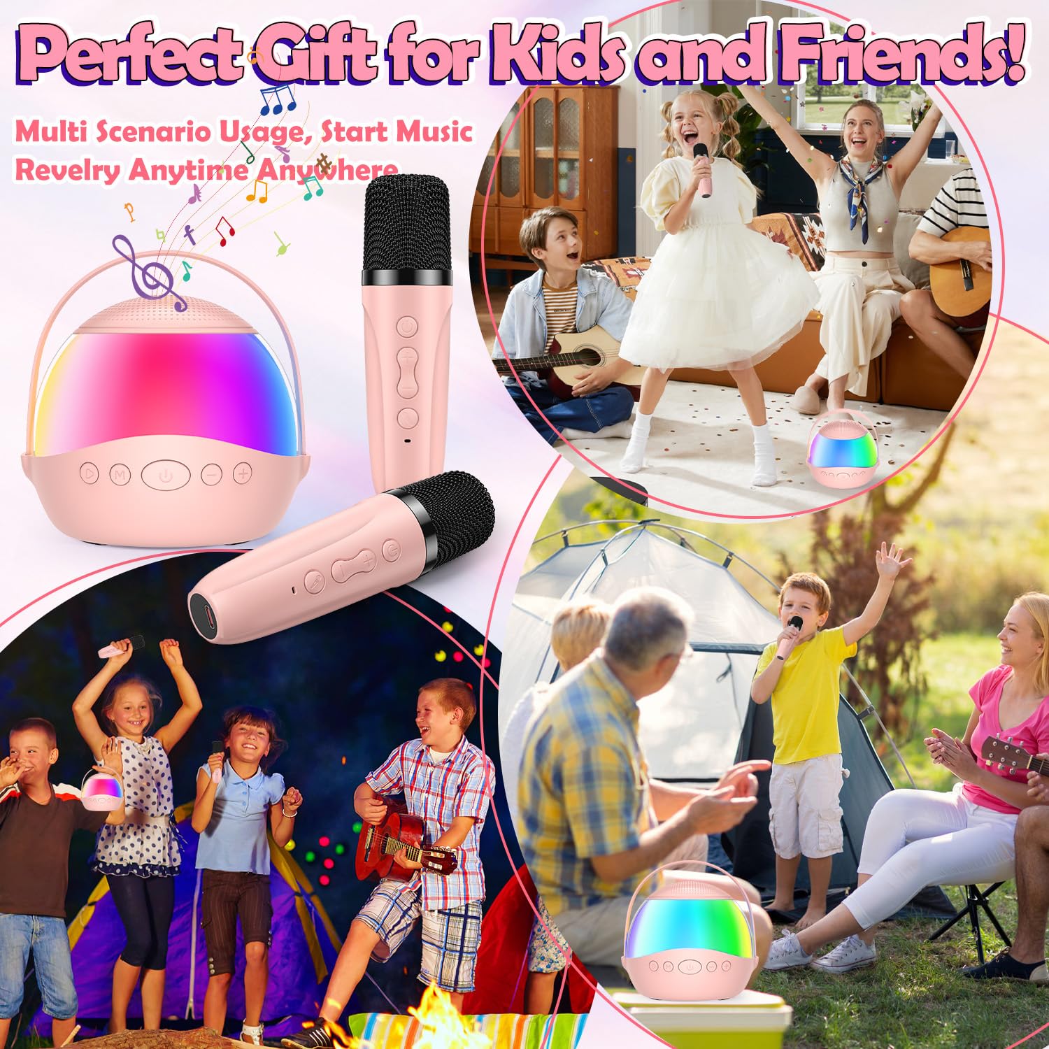 Karaoke con Microfono Bambini Wireless - Regalo Bambina 3+ Anni Karaoke Bambini con Effetti di Cambio Voce ＆ Luci RGB - Giochi Bambina 3+ anni Regalo Compleanno per Ragazzi e Ragazze