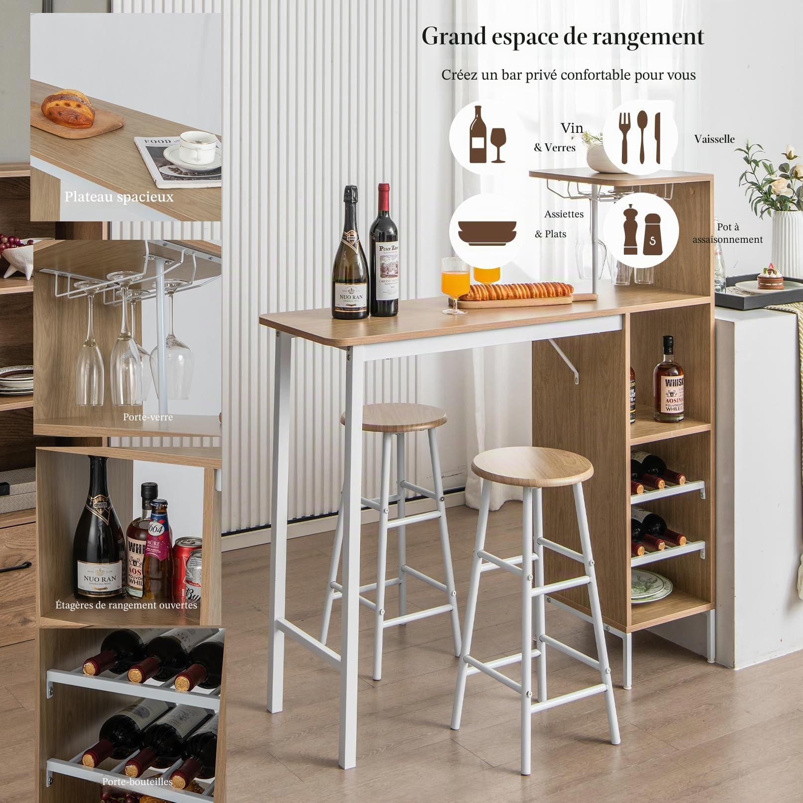 HOMASIS Ensemble de table de bar avec 2 tabourets de bar, table de salle à manger avec supports pour verres à vin et étagères pour 6 bouteilles de vin, table bistro industrielle pour cuisine, 120 x 40