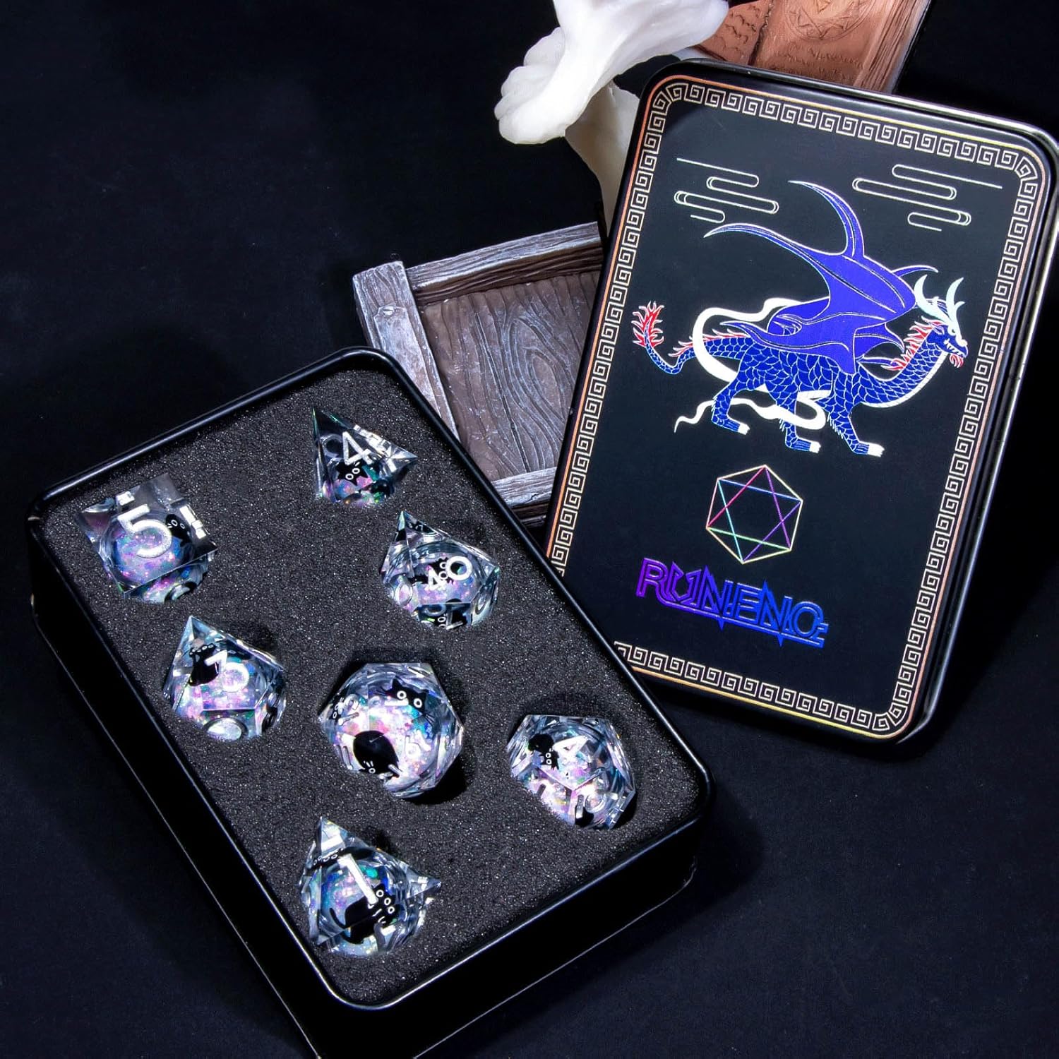 Roycevon Resin DND Dice Set with Gift Box, 7Pcs Liquid Core Cat D&D Dice, Cute Dungeons Dragons D and D Dice, Sharp Edge Role Playing Game Dice D20 D12 D10 D8 D6 D4, Rainbow White