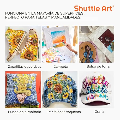 Miniatura 6 de Shuttle Art Pintura para tela, 18 colores de pintura para tela suave permanente en botellas (60ml/2oz) con pinceles, paleta, plantillas, pintura