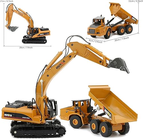 Miniatura 6 de Gemini&Genius Juego de 2 piezas de vehículos de construcción, camión volquete y excavadora, de metal pesado, escala 1/50, excavadora y descargadora