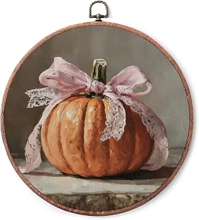IDUXIY Vintage Thanksgiving Pumpkin Wall Art Decor, Retro Pink Bow Pumpkin Fall Farmhouse Canvas Print Round Wall Hanging Decor, Framed, 10x10 Inch.(113)