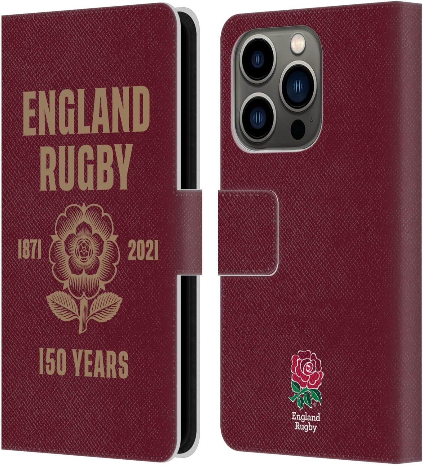 Head Case Designs Officially Licensed England Rugby Union Red 150th Anniversary Leather Wallet Case Compatible with Apple iPhone 14 Pro