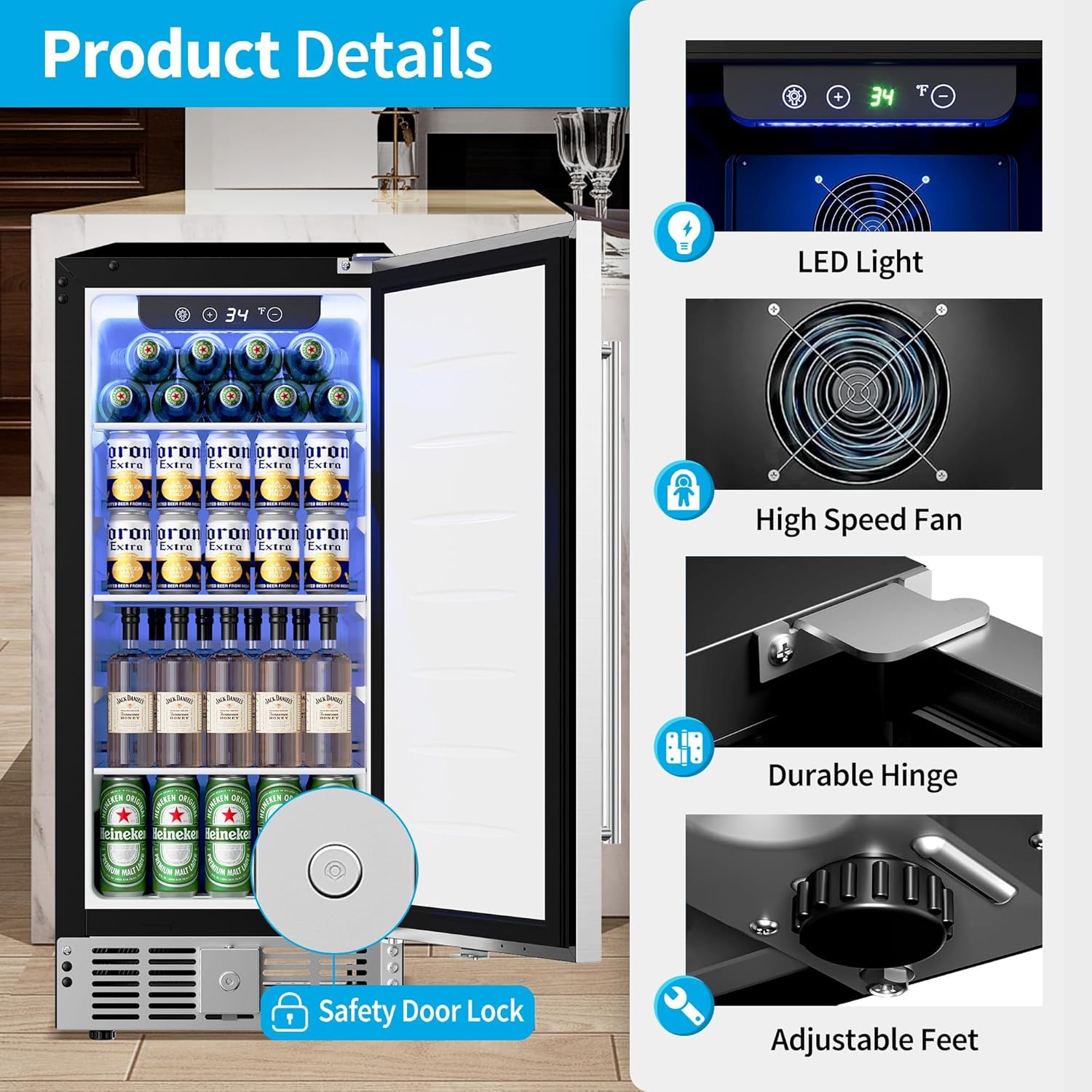 15 Inch Under Counter Beverage Refrigerator - 126 Cans Beverage Fridge with Stainless Steel Door for Beer Wine Soda - Built-in or Freestanding Wine Cooler for Home Kitchen Bar
