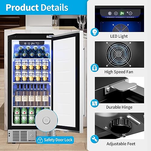 Miniatura 7 de Refrigerador de bebidas bajo mostrador de 15 pulgadas – Refrigerador de bebidas de 126 latas con puerta de acero inoxidable para cerveza, vino y 15